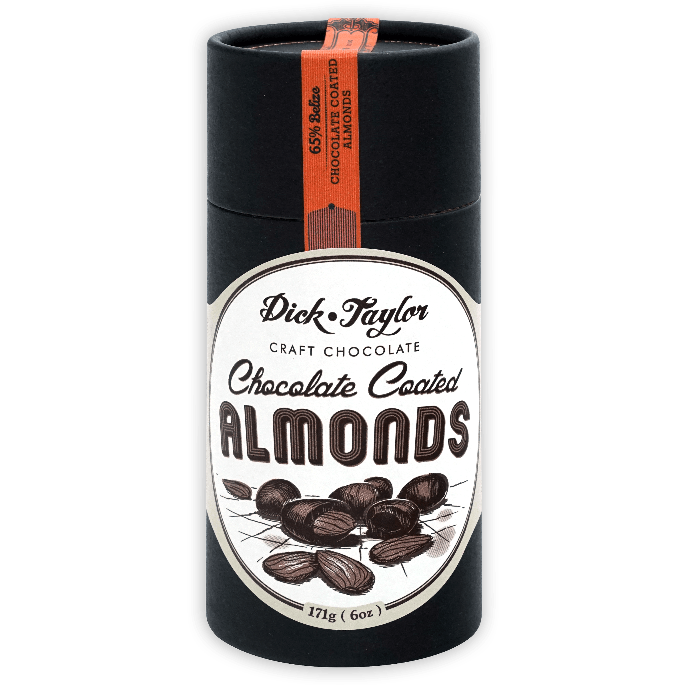 Dick Taylor 65% chocolate coated almonds in sleek black tin