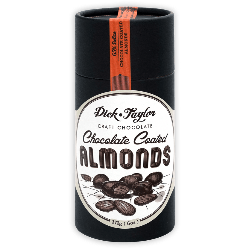 Dick Taylor 65% chocolate coated almonds in sleek black tin