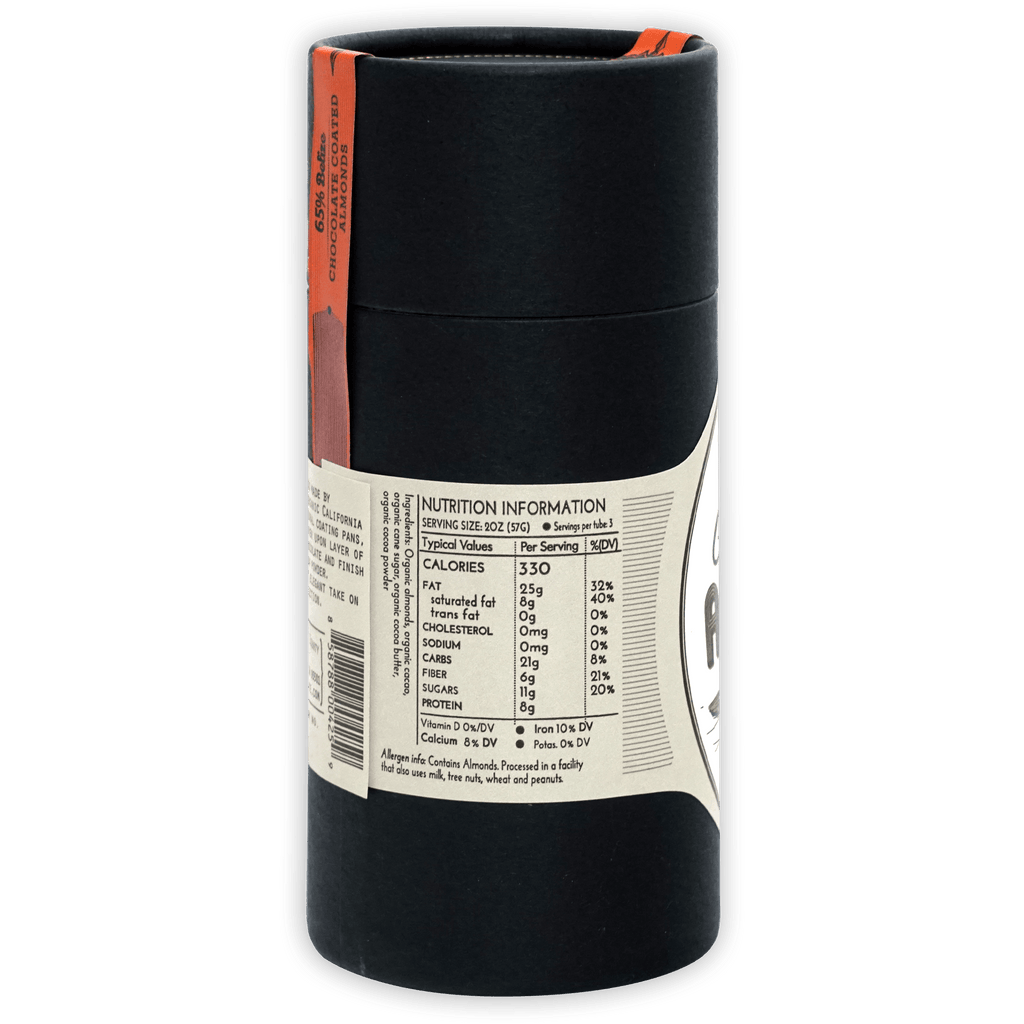 Dick Taylor chocolate coated almonds 65% black tube with orange label