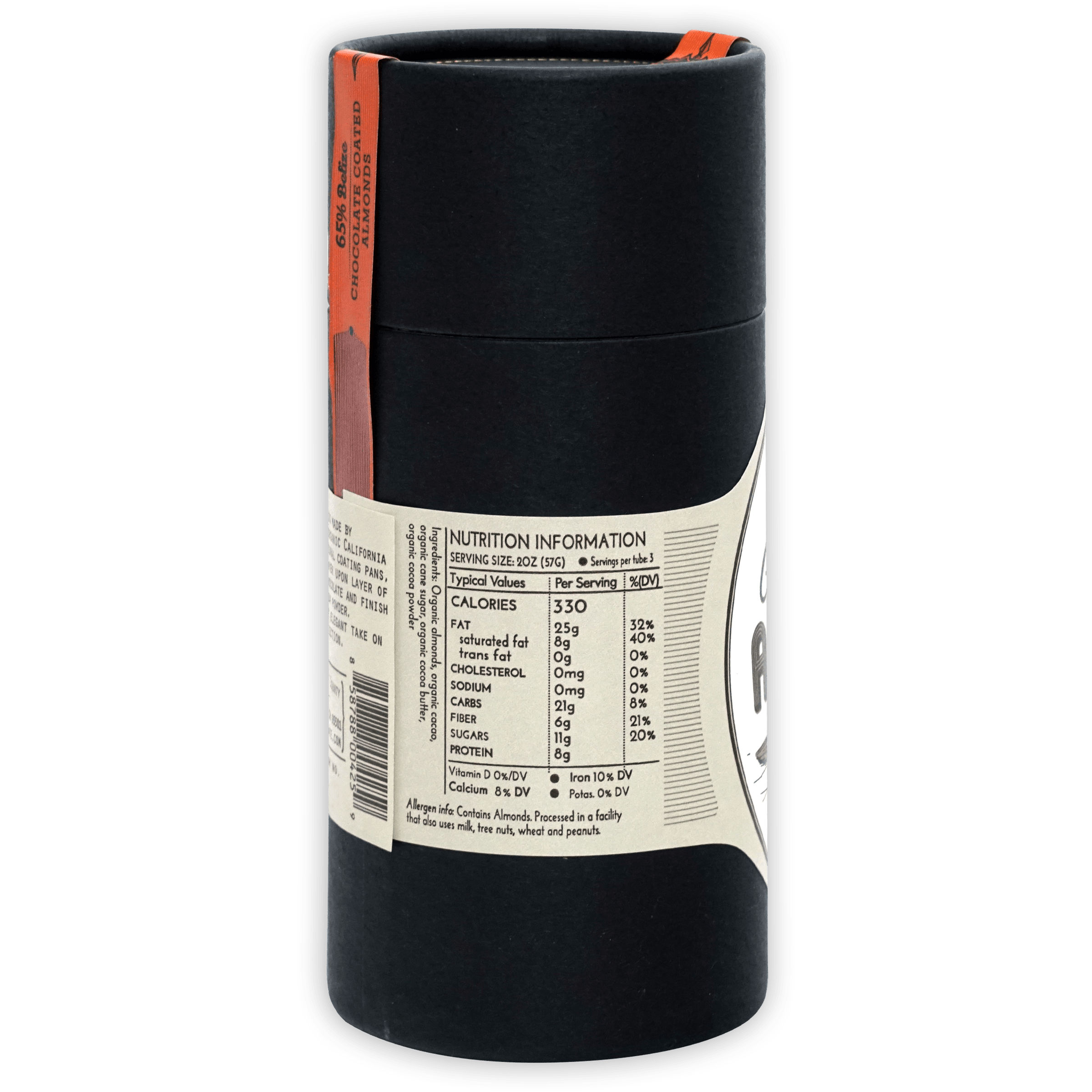 Dick Taylor chocolate coated almonds 65% black tube with orange label