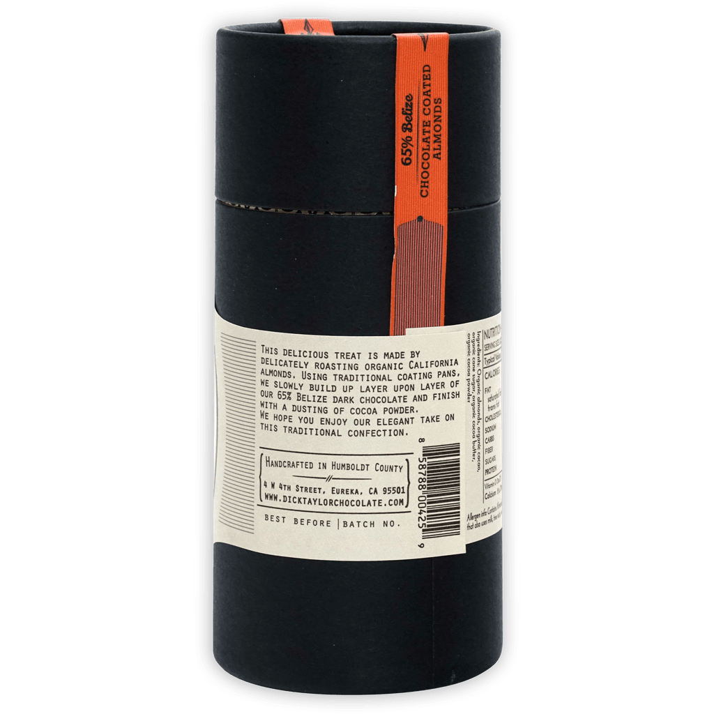 Dick Taylor 65% Belize chocolate coated almonds black tube with orange label