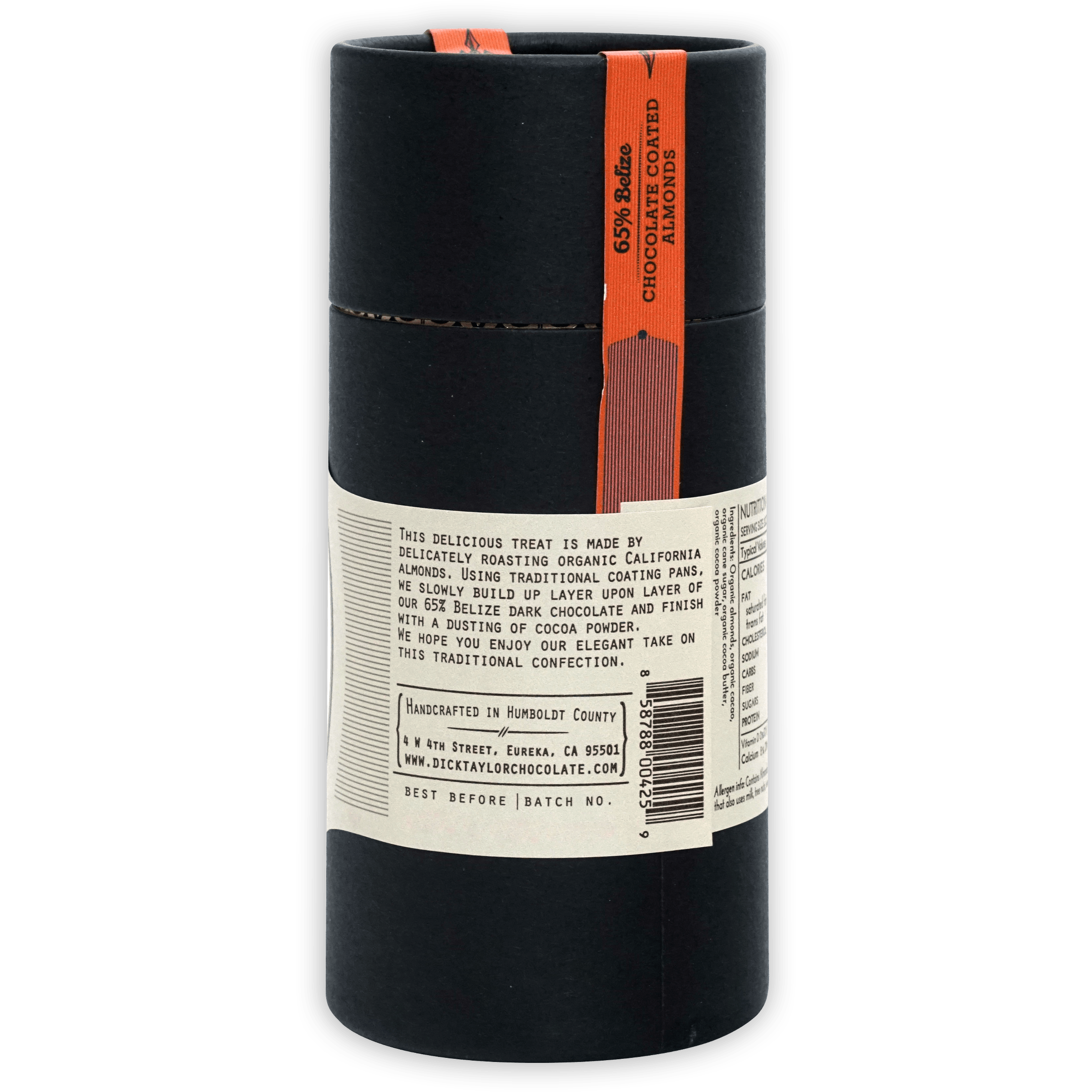 Dick Taylor 65% Belize chocolate coated almonds black tube with orange label