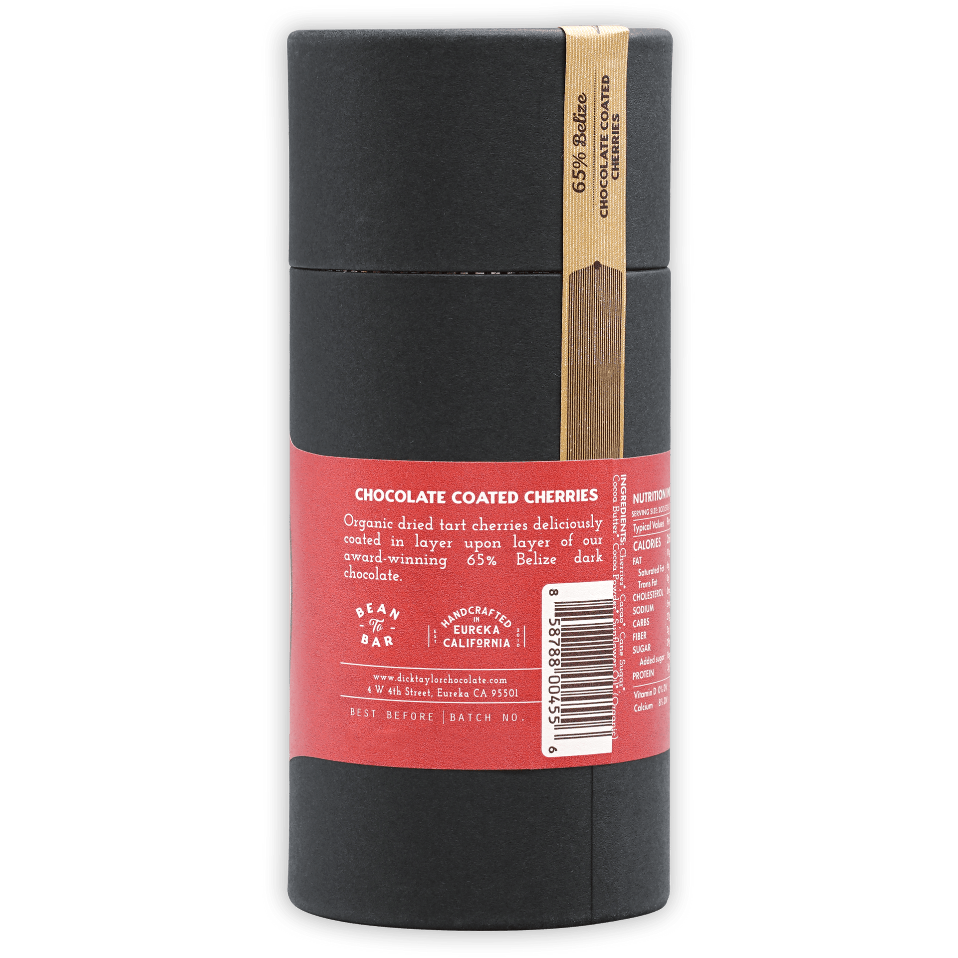 Dick Taylor 65% Belize chocolate-coated cherries in black can with red label