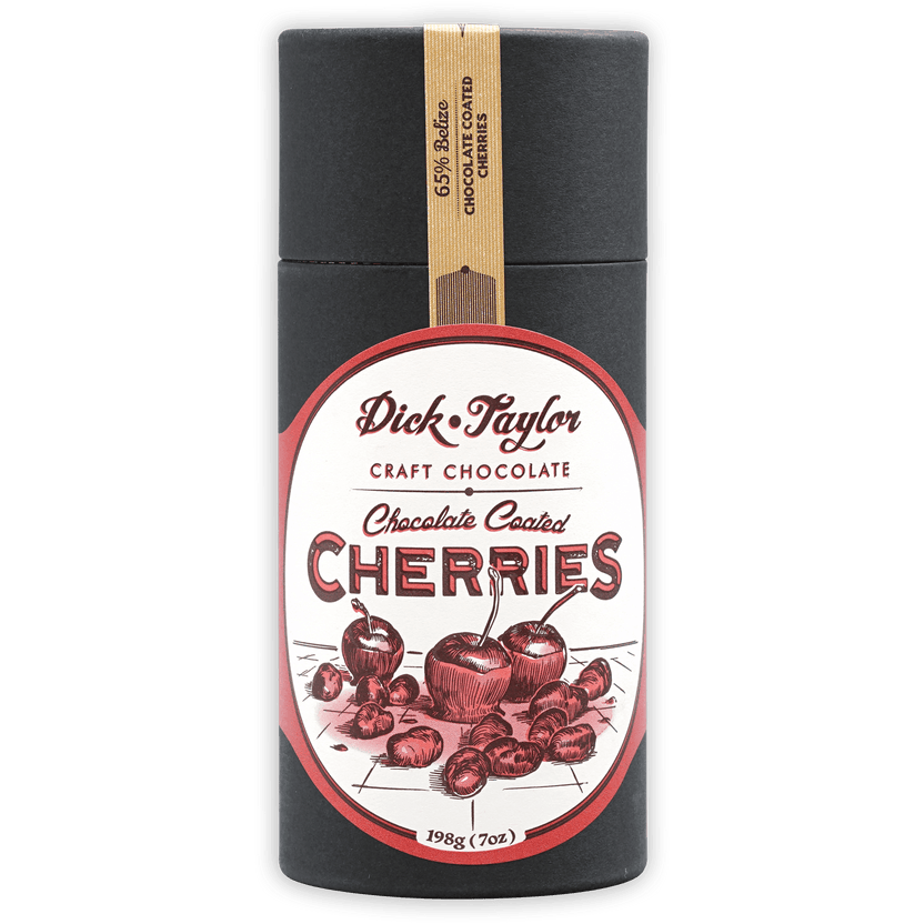 Dick Taylor Chocolate Coated Cherries 65% in sleek black tin with cherry label