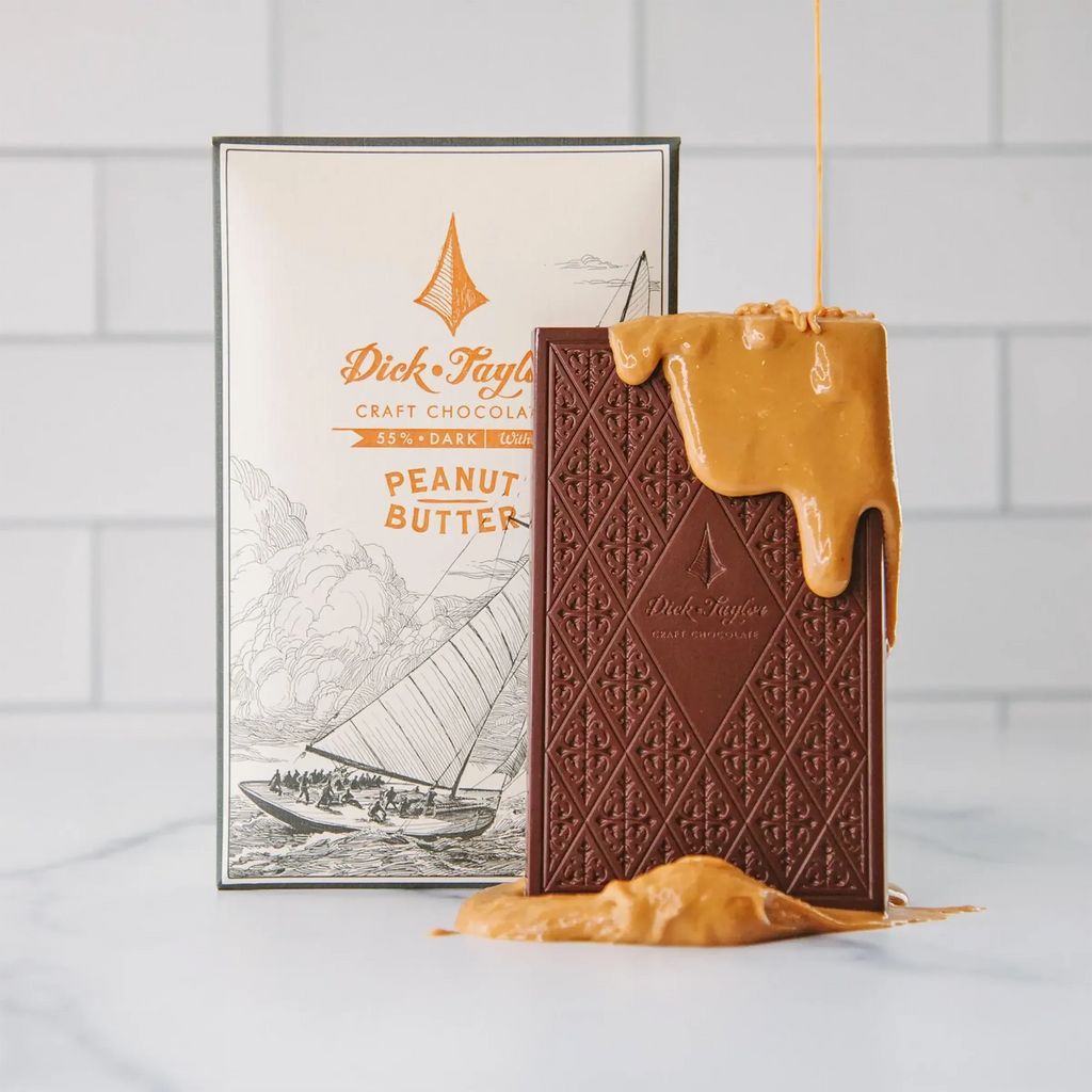 Dick Taylor Chocolate Peanut Butter 55% bar with diamond pattern and PB drizzle
