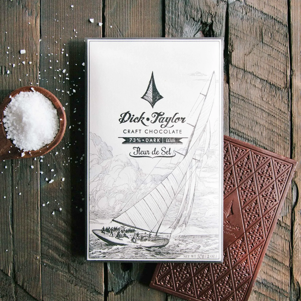 Dick Taylor Fleur de Sel 73% dark chocolate bar with sailboat wrapper