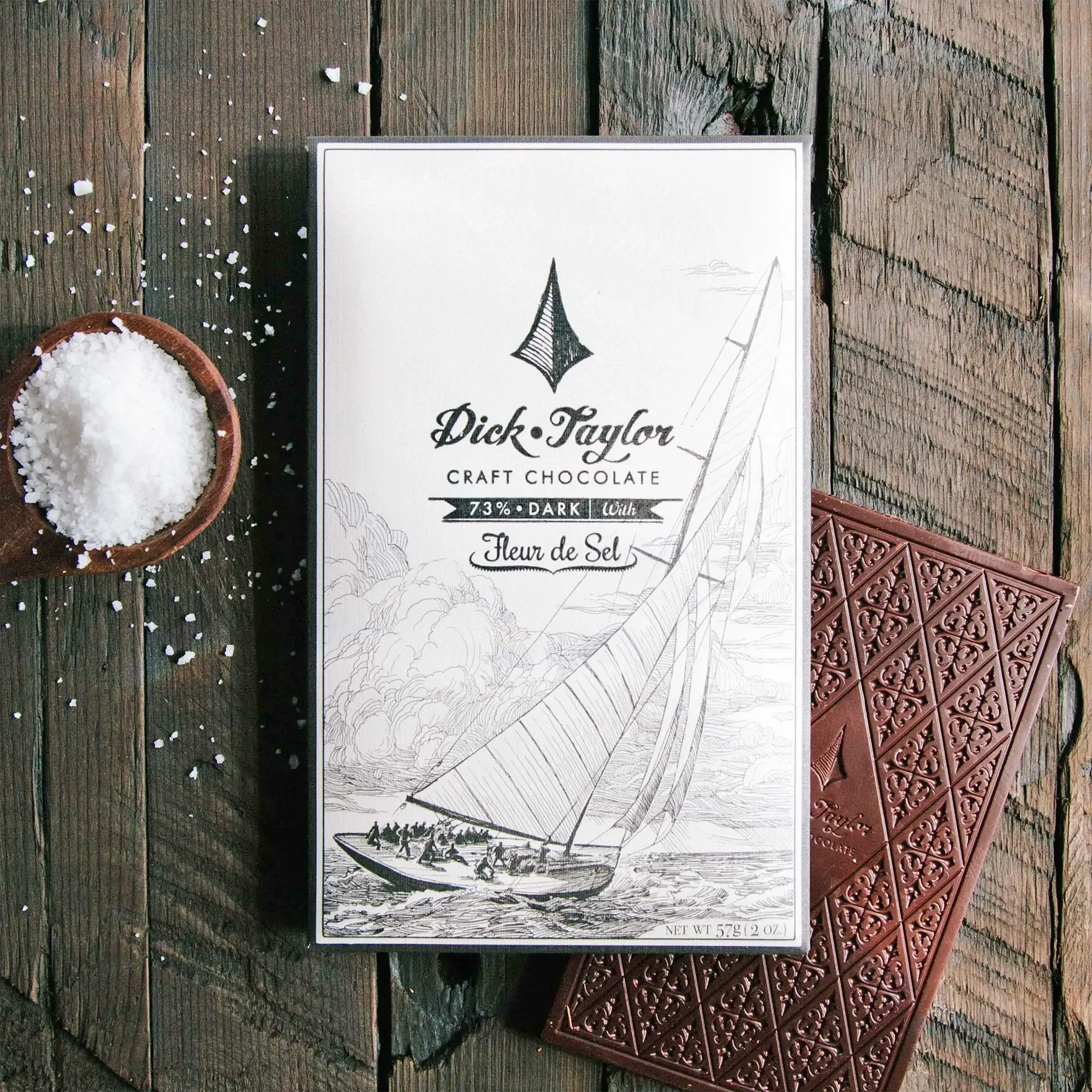 Dick Taylor Fleur de Sel 73% dark chocolate bar with sailboat wrapper