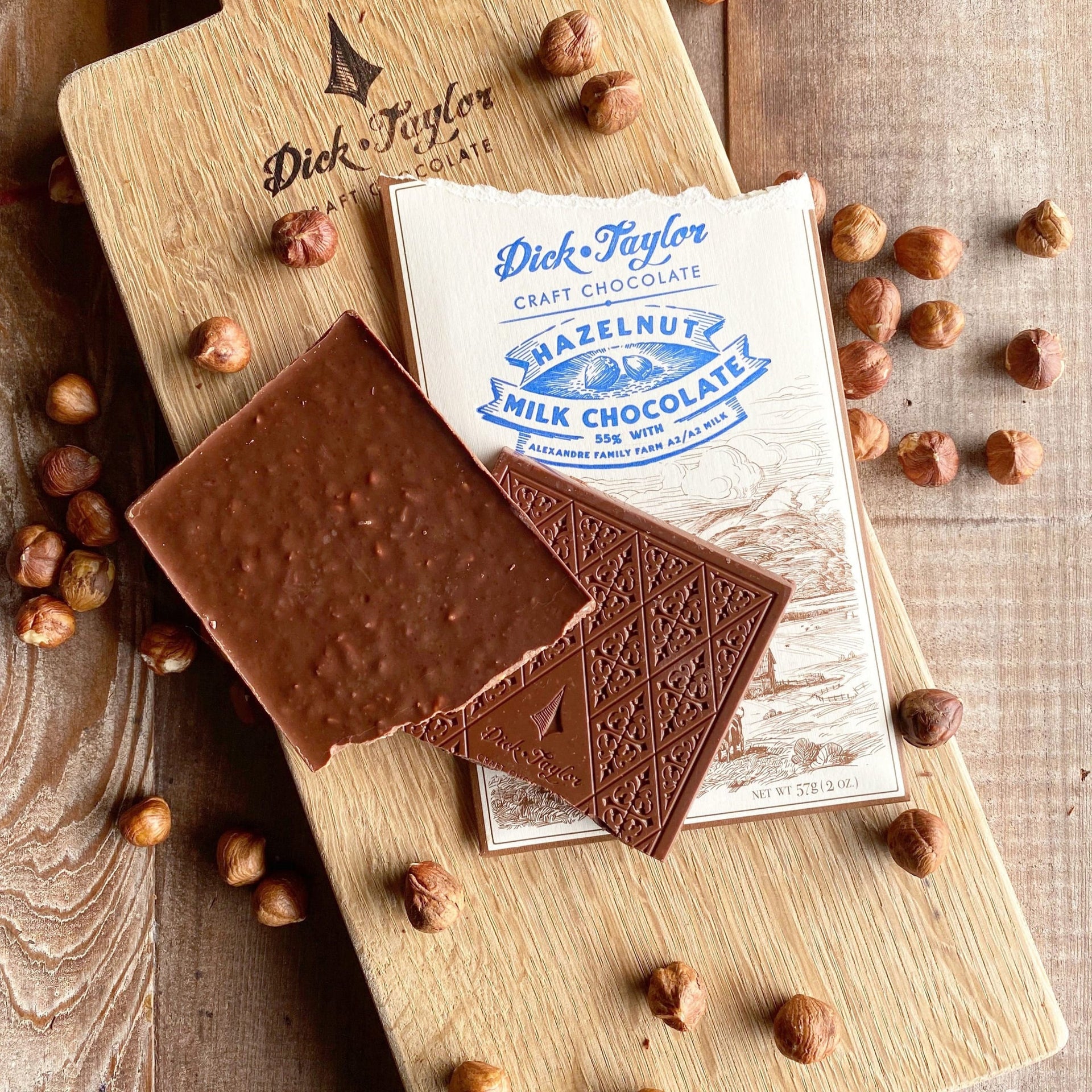 Dick Taylor Hazelnut Milk Chocolate 55% bar with textured diamond pattern