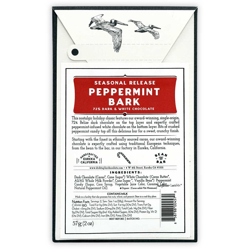Dick Taylor Peppermint Bark Bar with pelicans wrapper