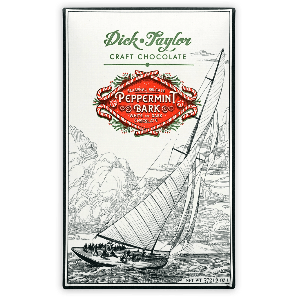 Dick Taylor Peppermint Bark seasonal chocolate bar with festive label