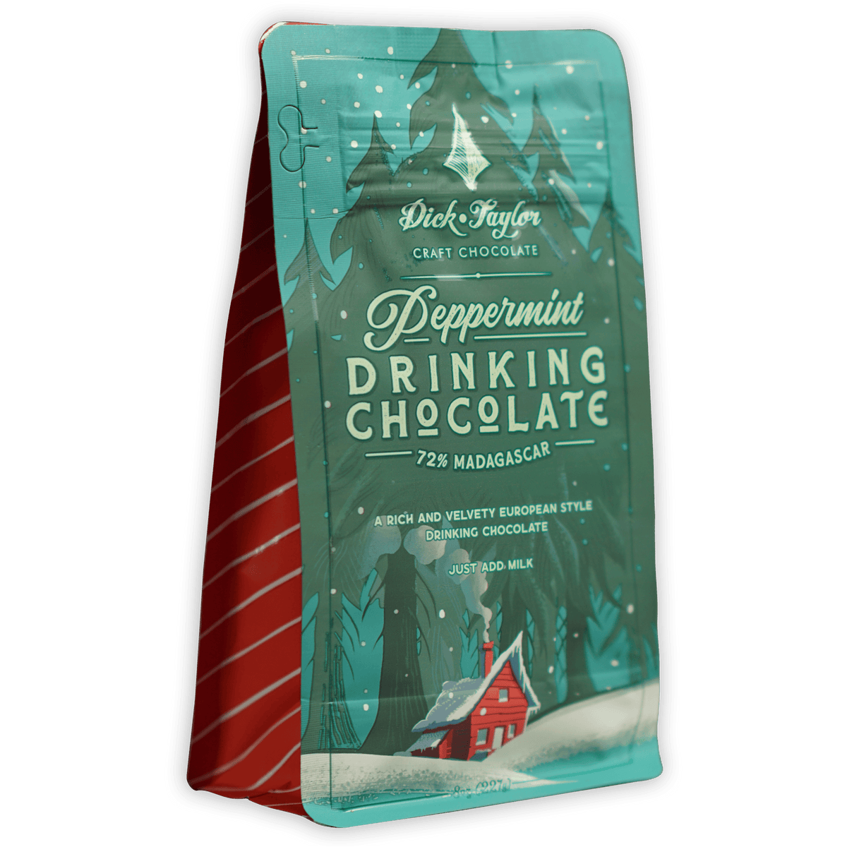 Dick Taylor Peppermint Drinking Chocolate bag with festive winter scene