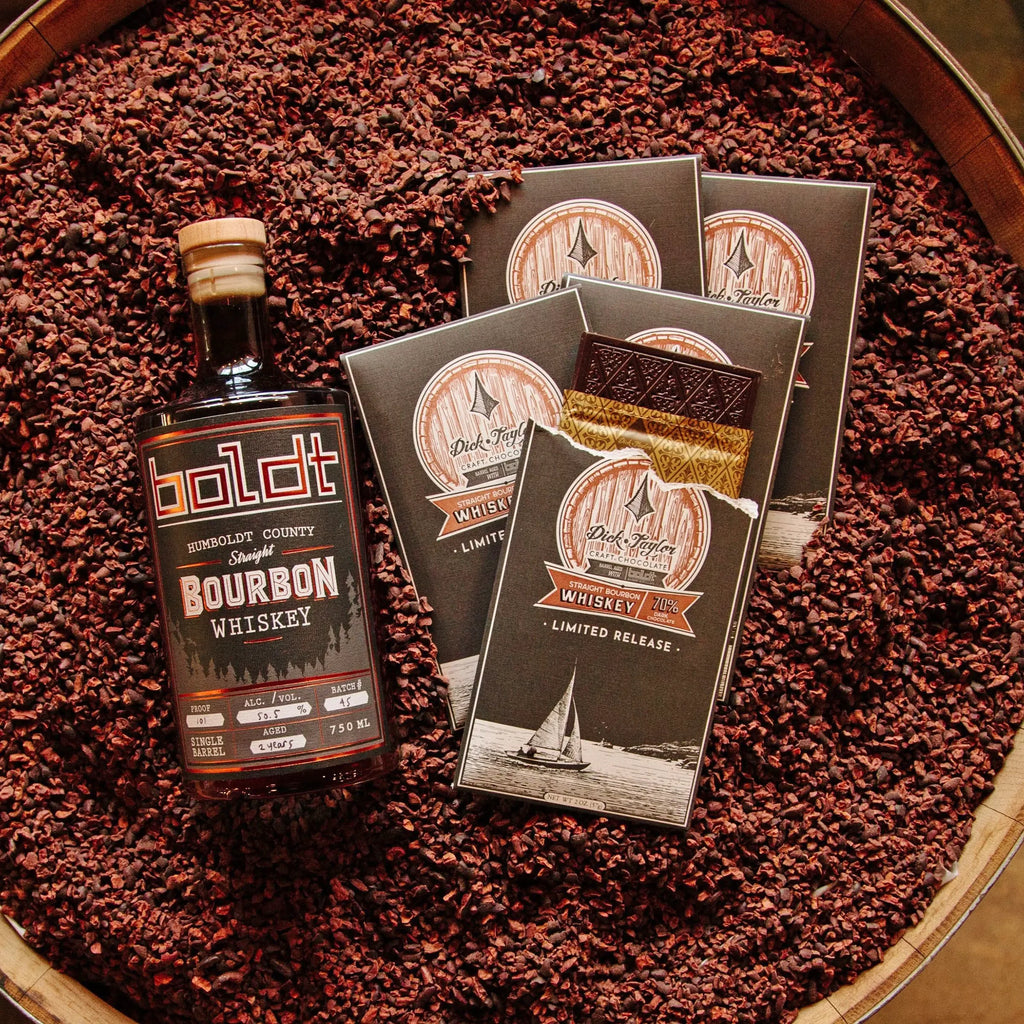 Dick Taylor Straight Bourbon Whiskey Chocolate with Humboldt County bourbon bottle