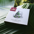 Domori Chuao Criollo 70% cacao bar box with cacao pods illustration
