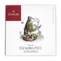 Domori Chuao Criollo 70% cacao bar in white burgundy box with green cocoa pods