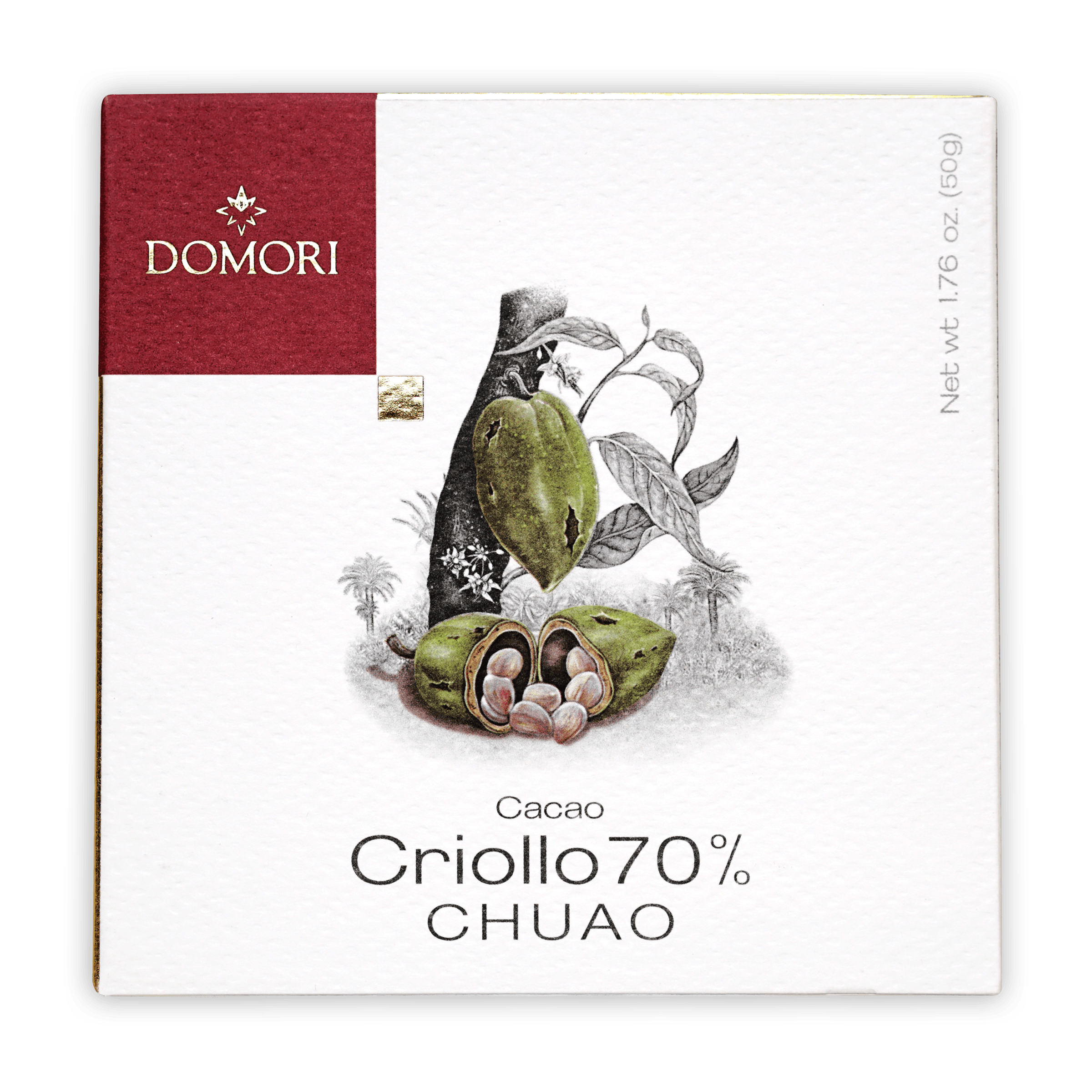 Domori Chuao Criollo 70% cacao bar in white burgundy box with green cocoa pods
