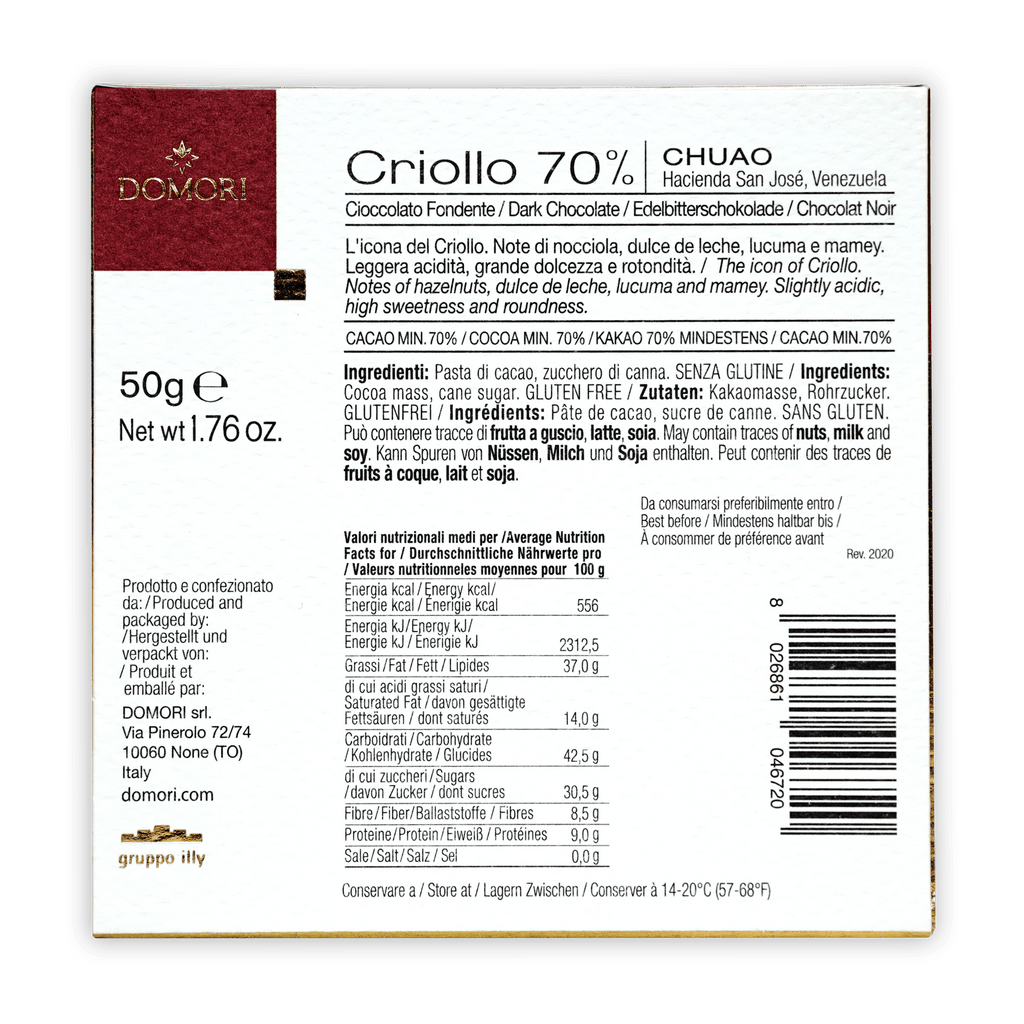Domori Chuao Criollo 70% chocolate bar box with nutritional info