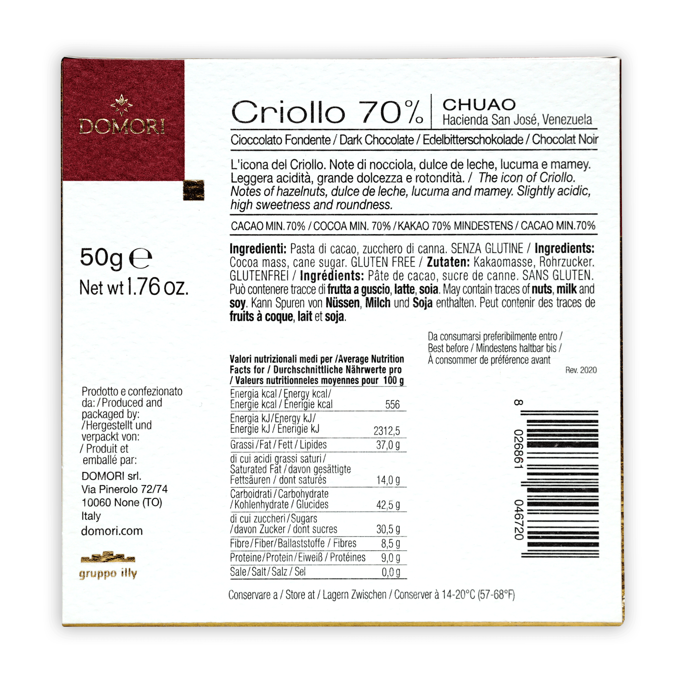 Domori Chuao Criollo 70% chocolate bar box with nutritional info