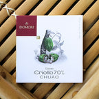 Domori Chuao Criollo 70% white maroon box with green cacao pods