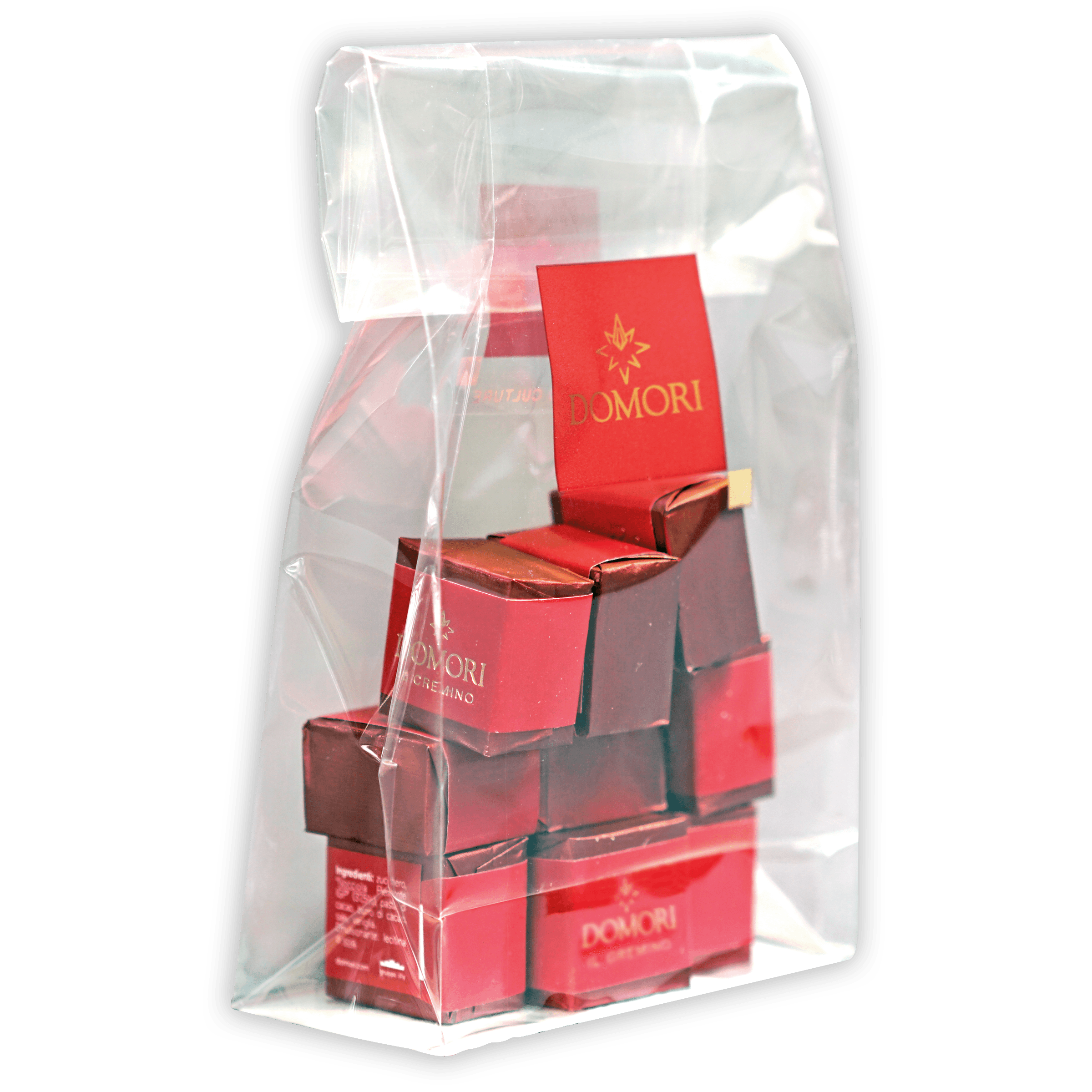 Red Domori skincare boxes in clear plastic bag, Domori Classic Gianduja Cremino Bag