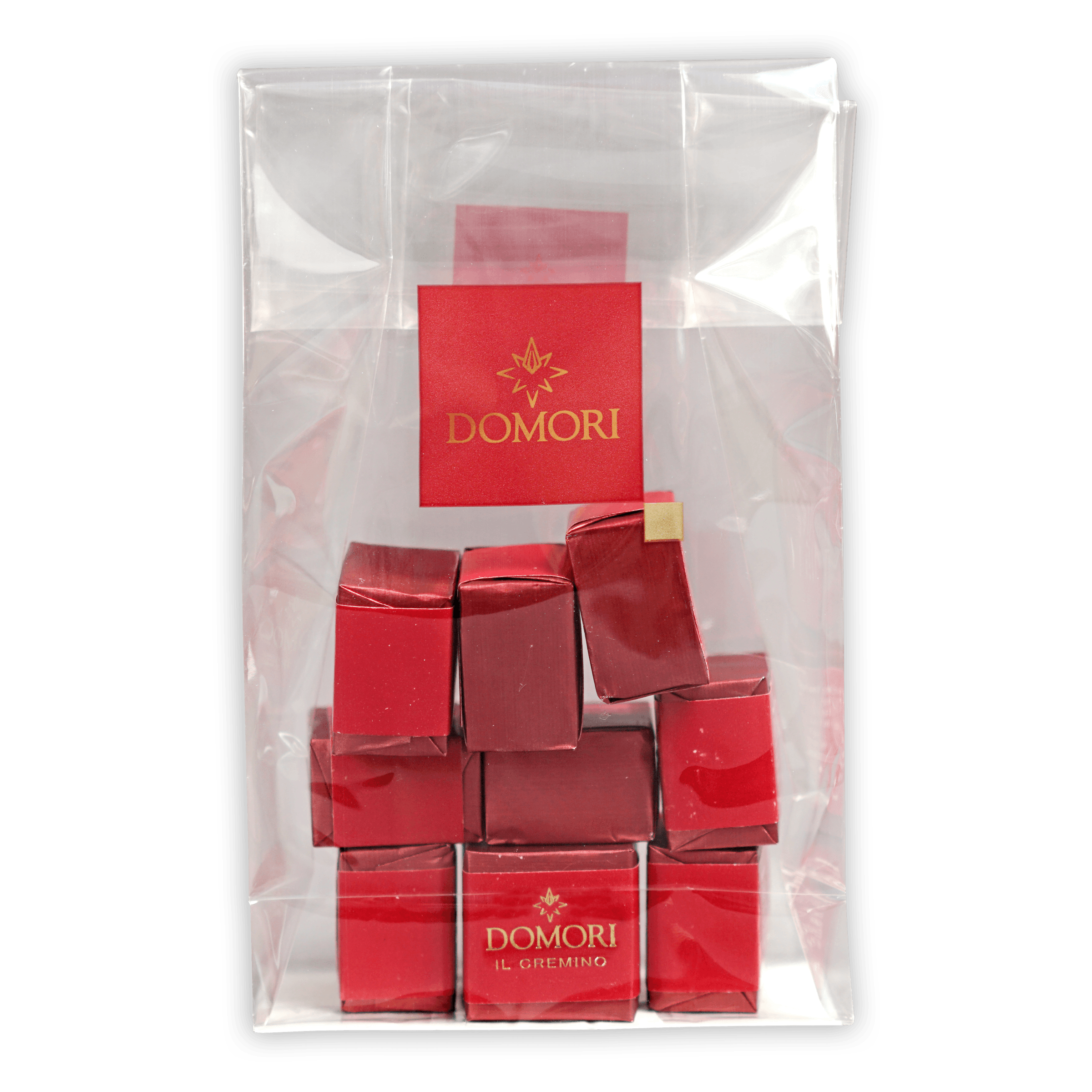 Red Domori il Gremino chocolate boxes in clear plastic bag