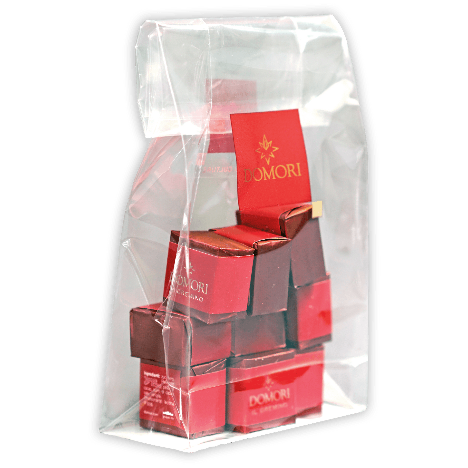 Red Domori skincare boxes in clear plastic bag, Domori Classic Gianduja Cremino Bag