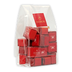 Red Domori gianduja cremino chocolate cubes in clear bag
