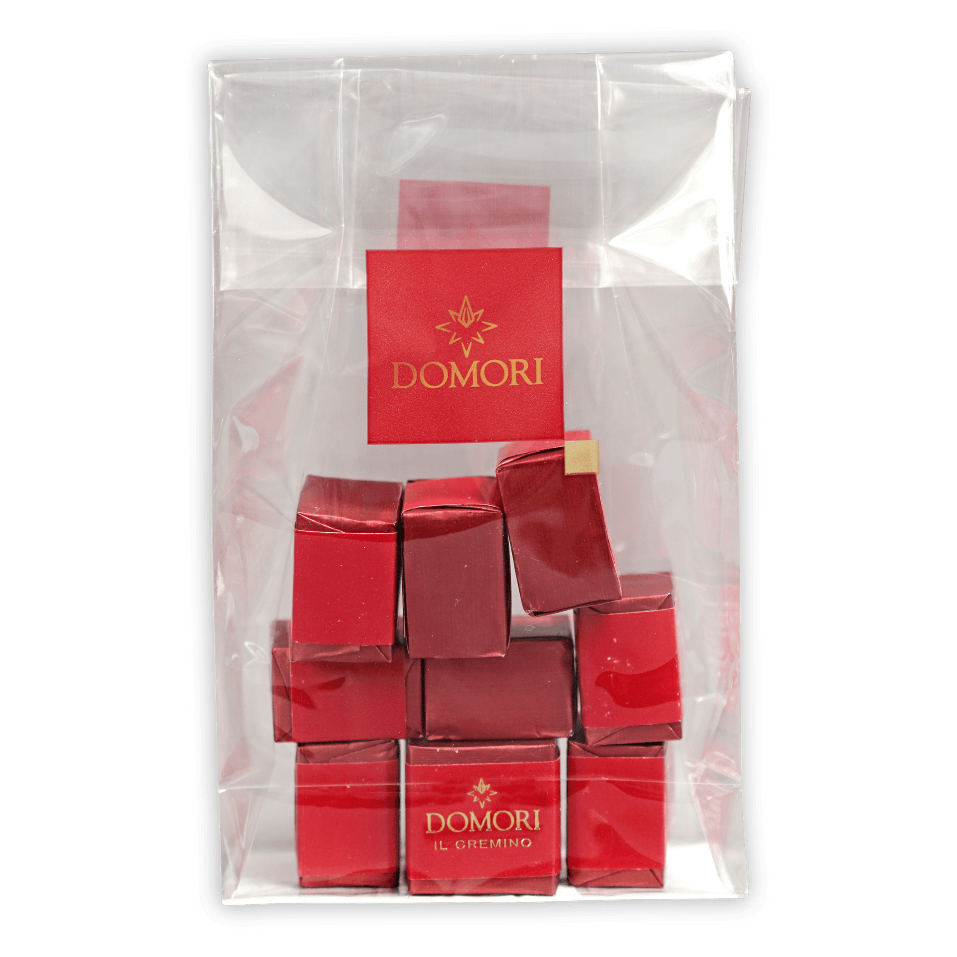 Red Domori il Gremino chocolate boxes in clear plastic bag