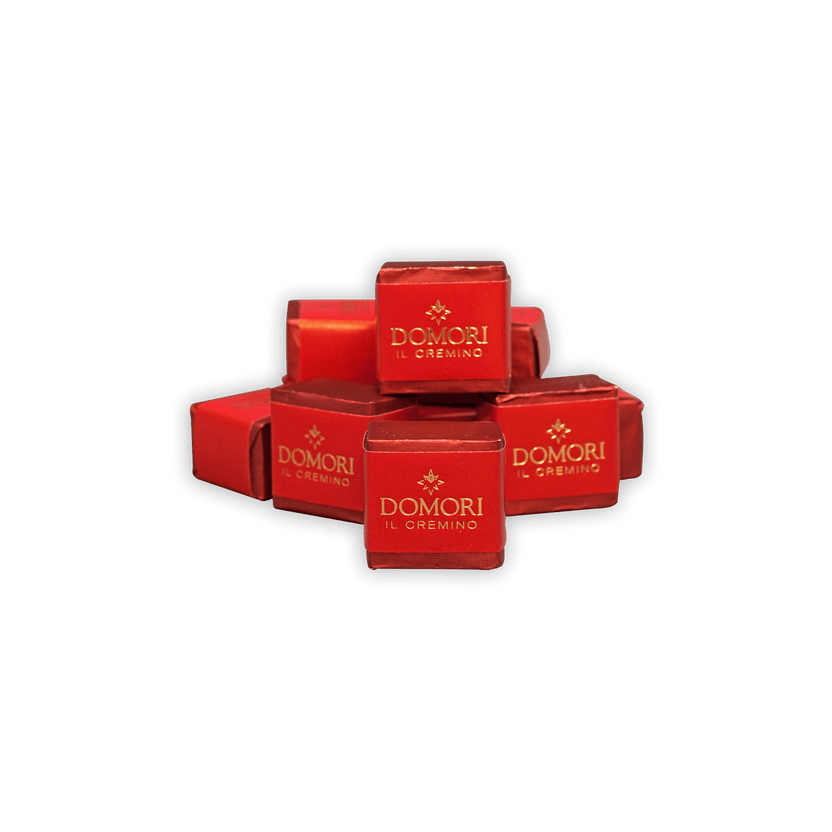 Domori Classic Gianduja Cremino Bag with red boxes, gold lettering and emblem