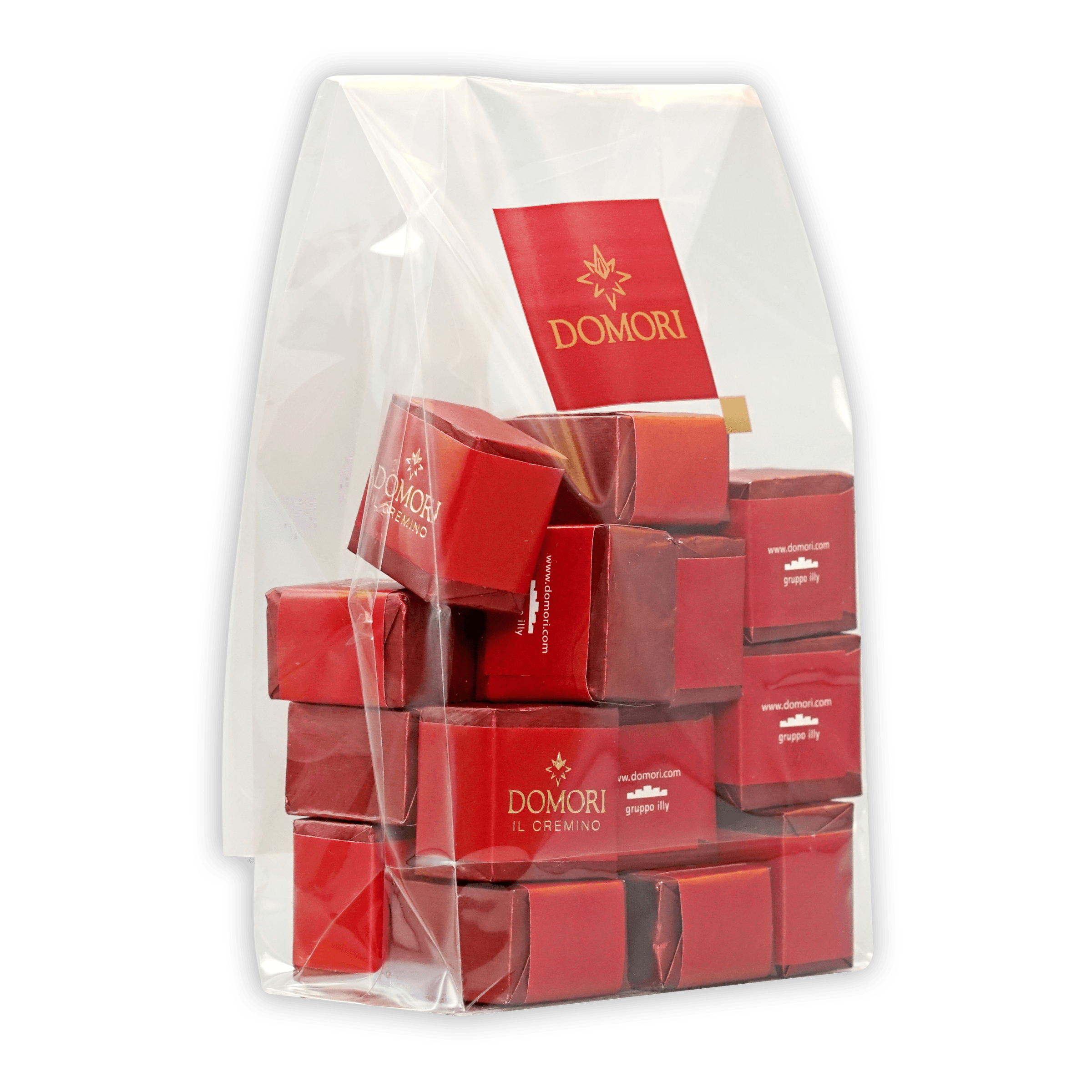 Red Domori gianduja cremino chocolate cubes in clear bag
