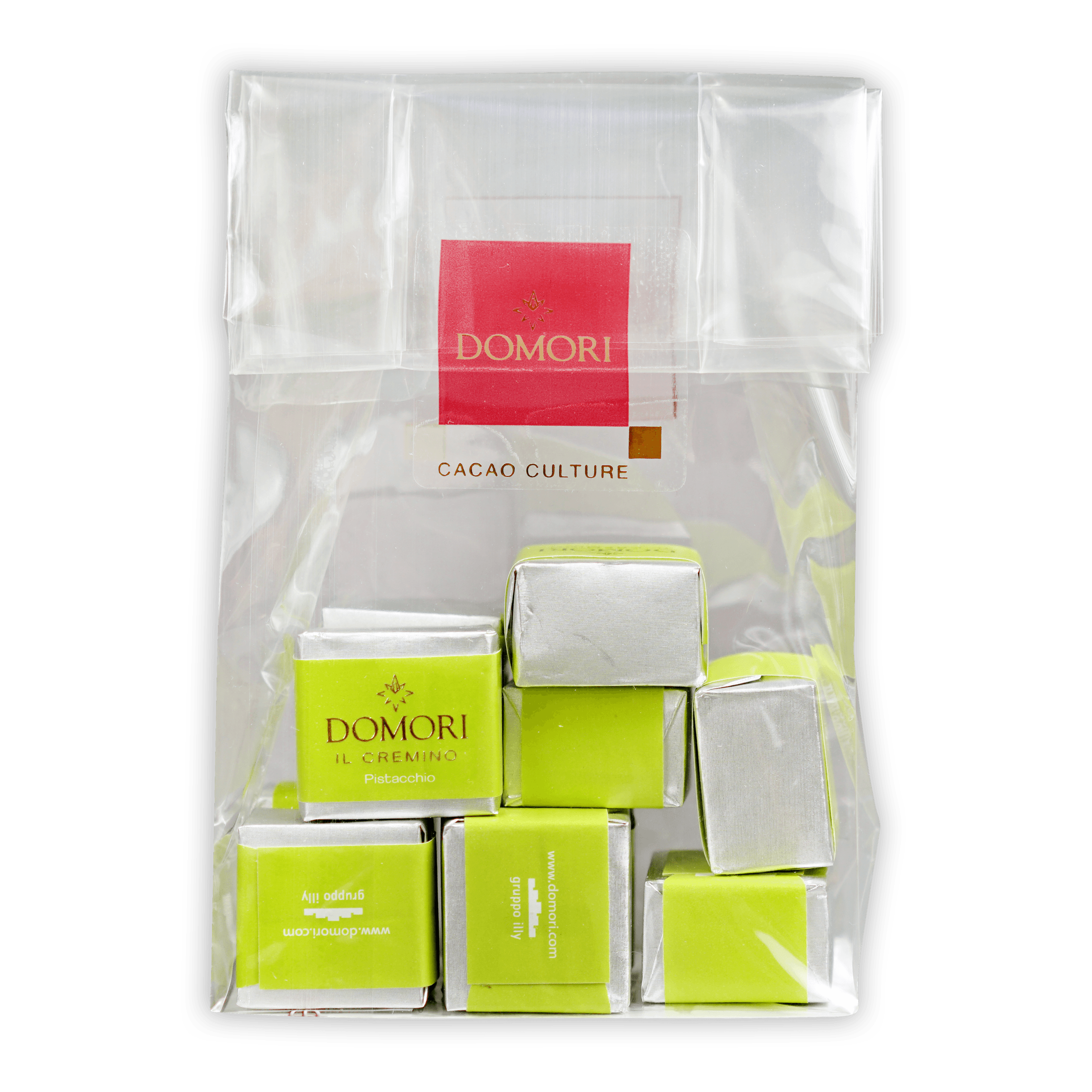 Domori Classic Pistachio Cremino Bag with lime green silver cacao bars and red logo