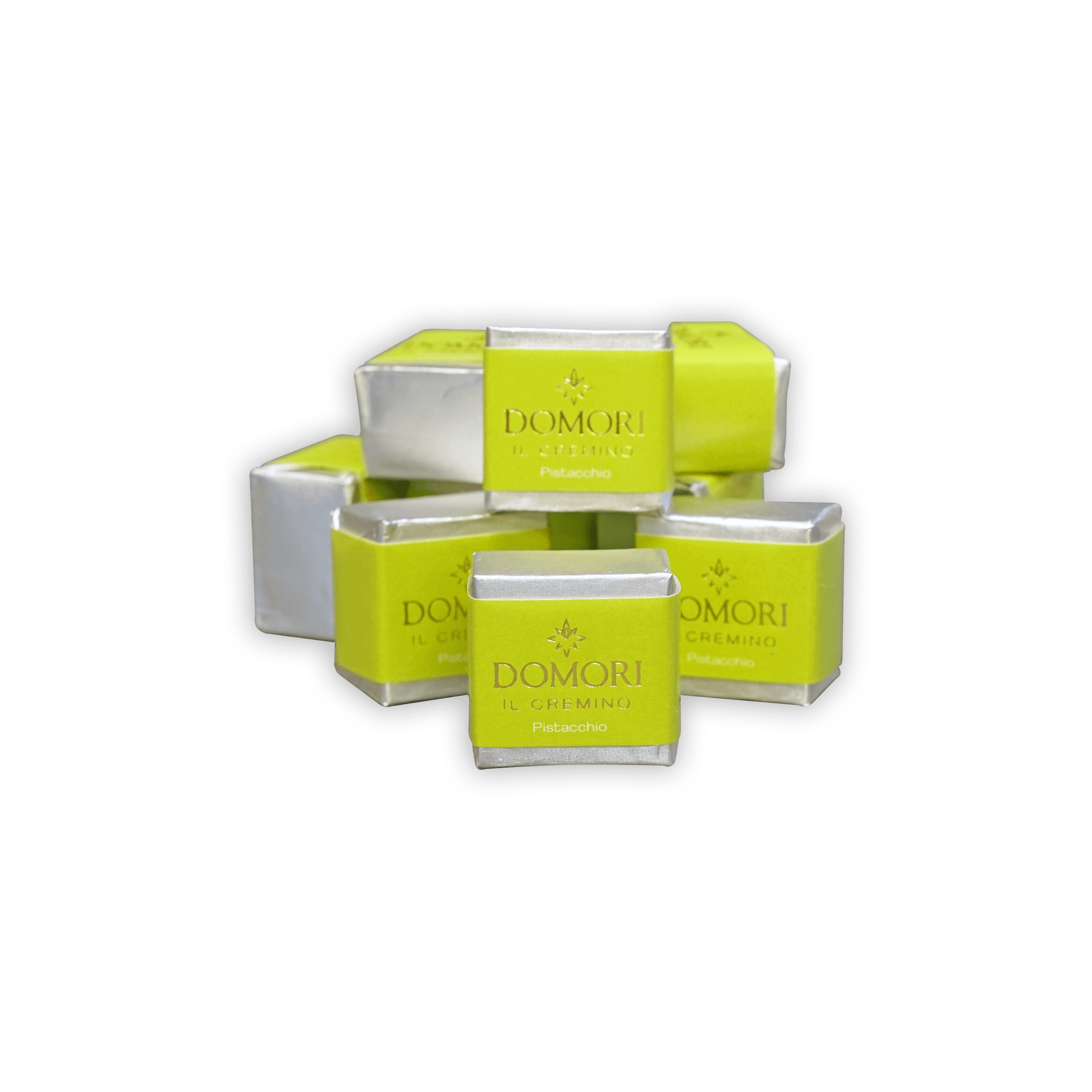 Bright lime green and silver Domori square tea tins for Classic Pistachio Cremino Bag