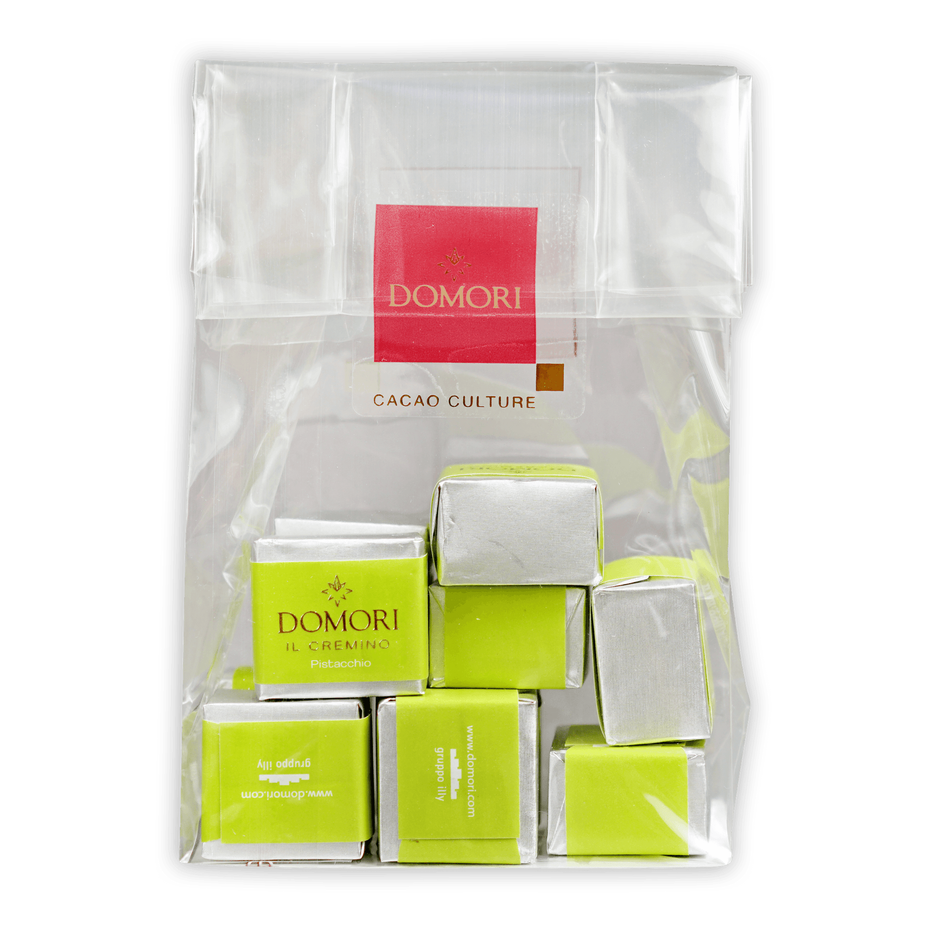 Domori Classic Pistachio Cremino Bag with lime green silver cacao bars and red logo