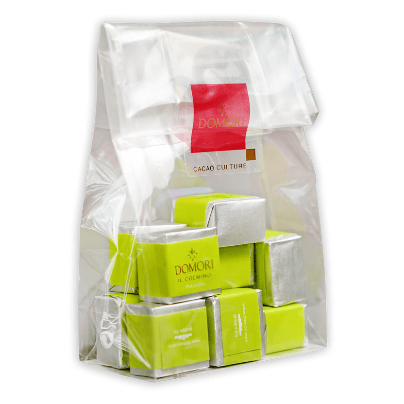 Domori Classic Pistachio Cremino bag with lime green silver cacao pods