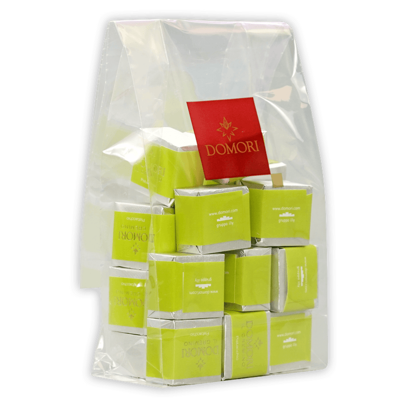 Domori Classic Pistachio Cremino Bag with lime green and silver chocolates