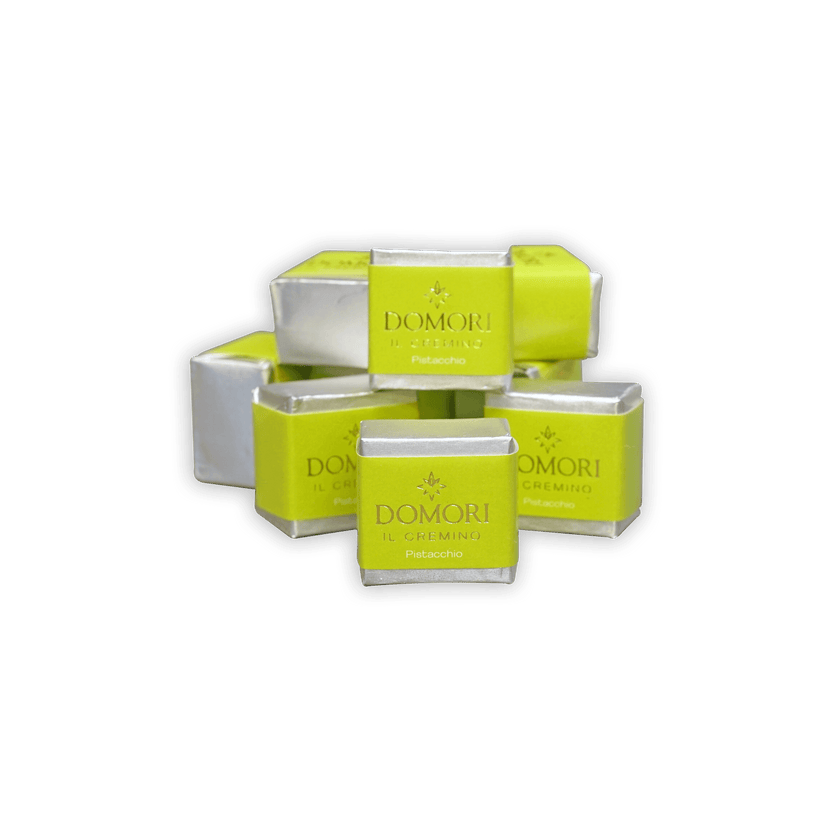 Bright lime green and silver Domori square tea tins for Classic Pistachio Cremino Bag