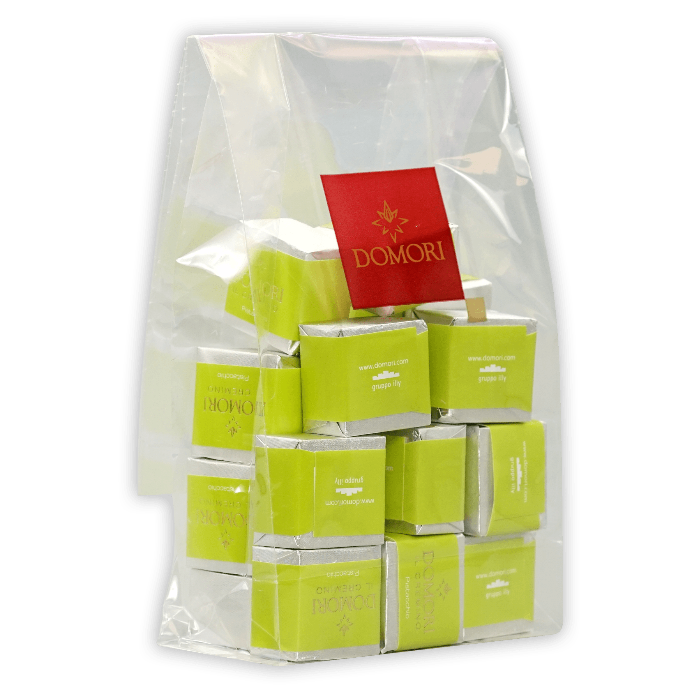 Domori Classic Pistachio Cremino Bag with lime green and silver chocolates
