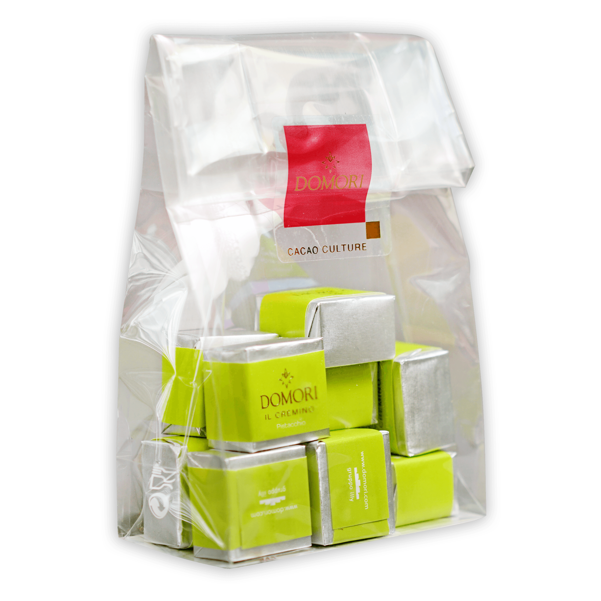 Domori Classic Pistachio Cremino bag with lime green silver cacao pods