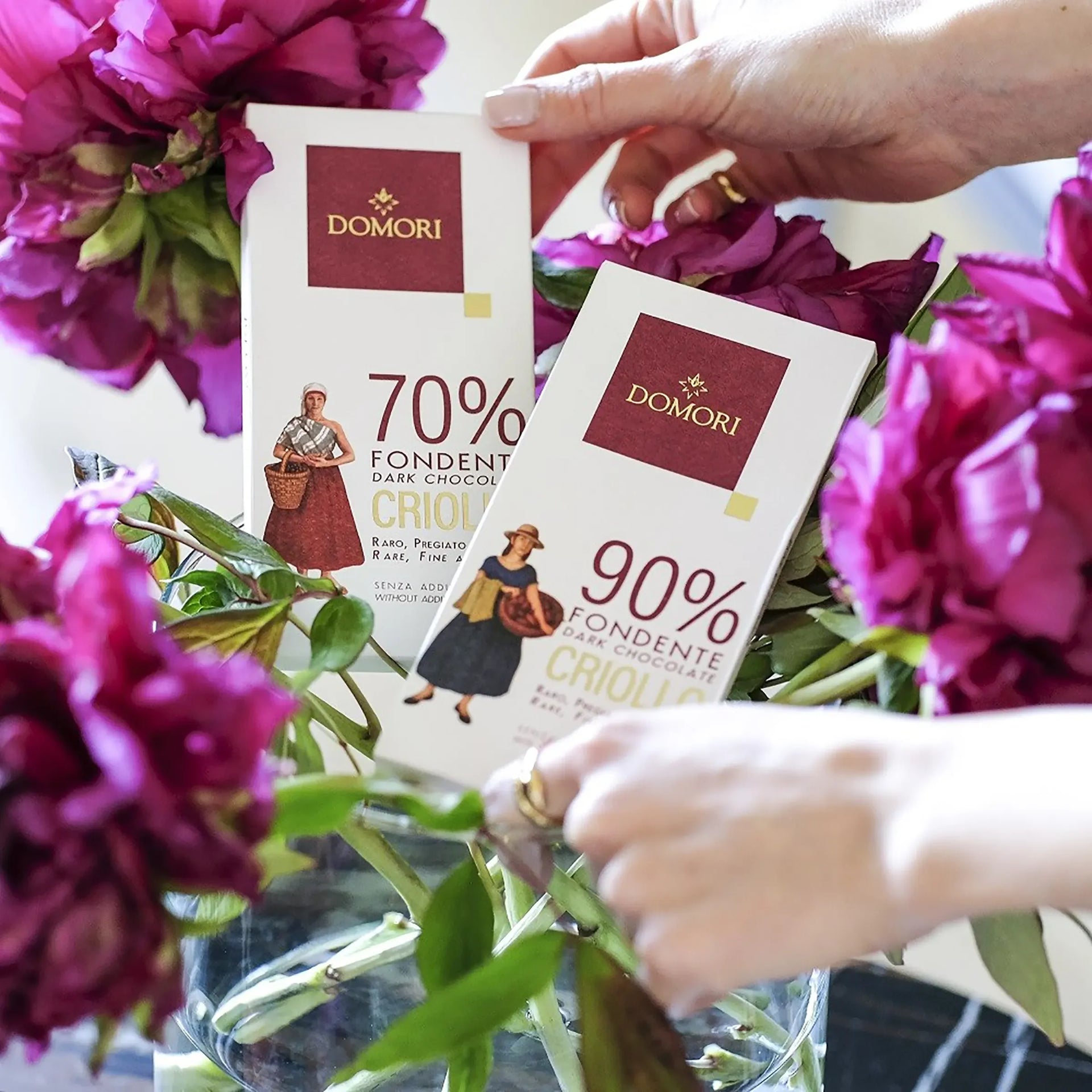 Domori Criollo 90% and 70% dark chocolate bars in maroon packaging