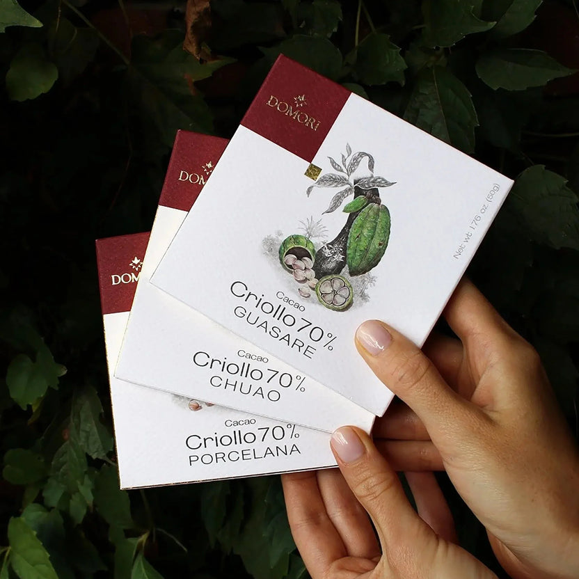 Domori Criollo Chocolate Bundle: 3 cacao bars in botanical wrappers