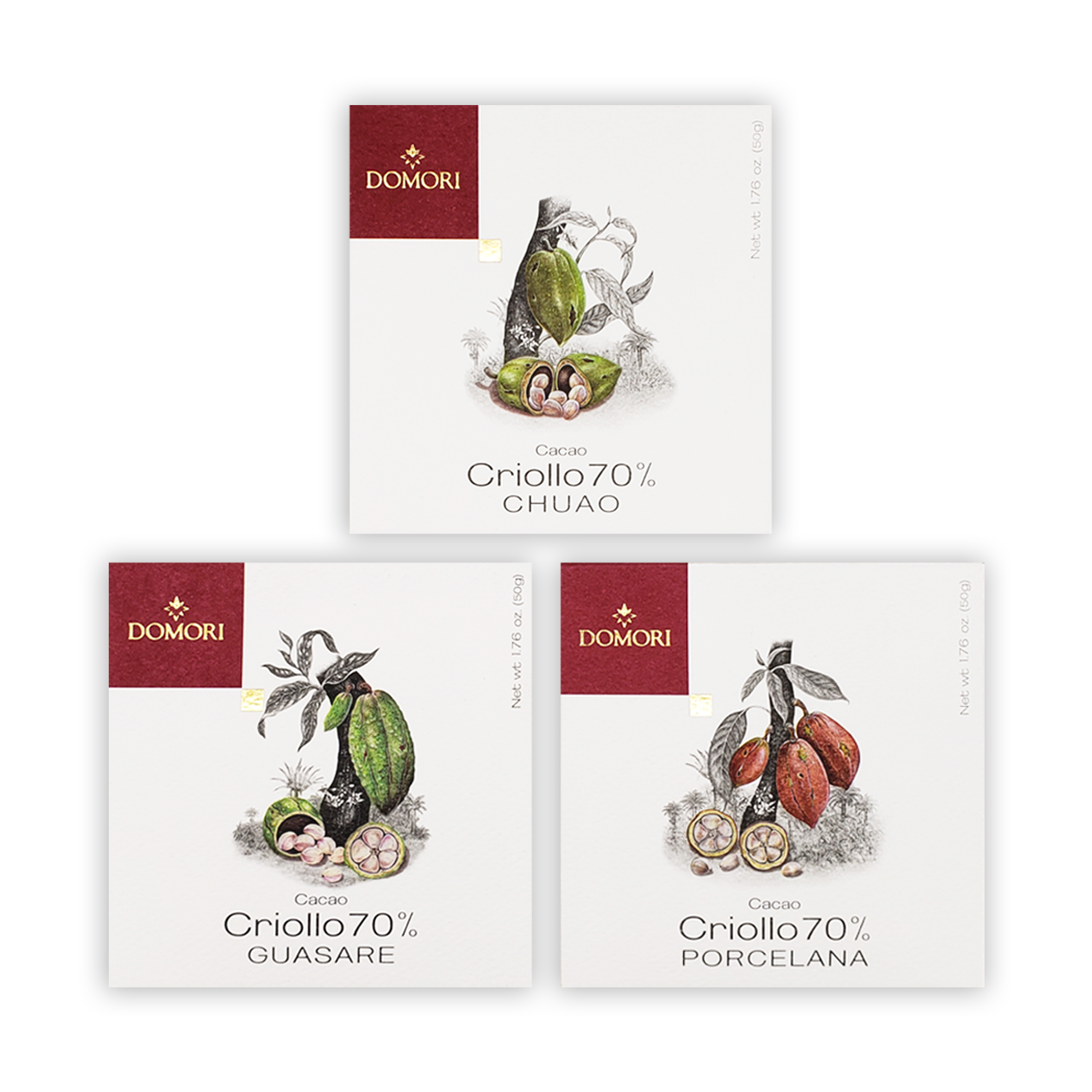 Domori Criollo 70% cacao chocolate bundle, 3 bars in white maroon botanical wrappers