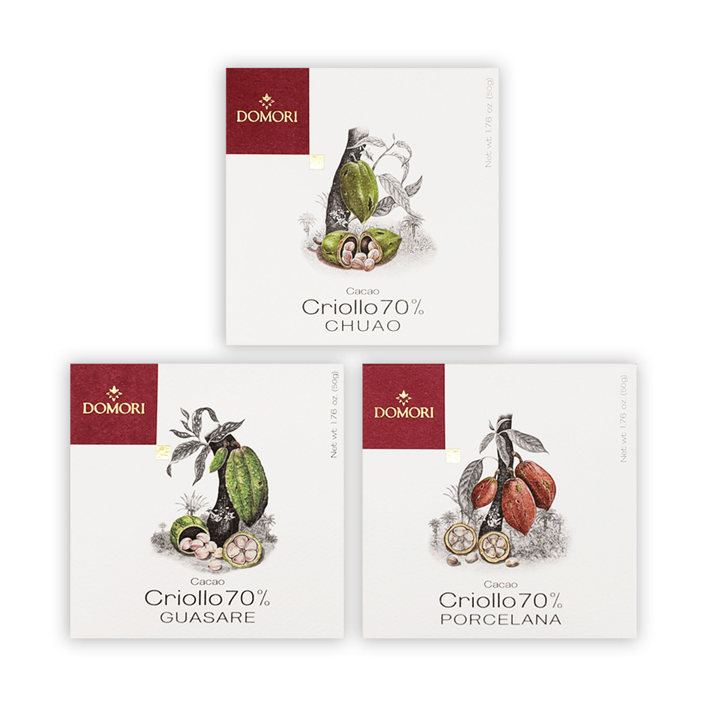 Domori Criollo 70% cacao chocolate bundle, 3 bars in white maroon botanical wrappers