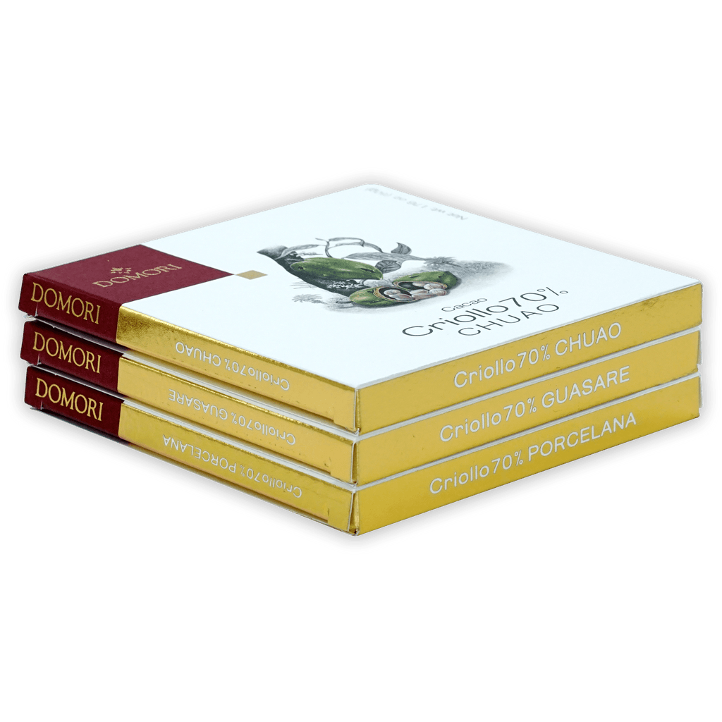 Domori Criollo 70% dark chocolate bundle of 3 bars in white gold packaging