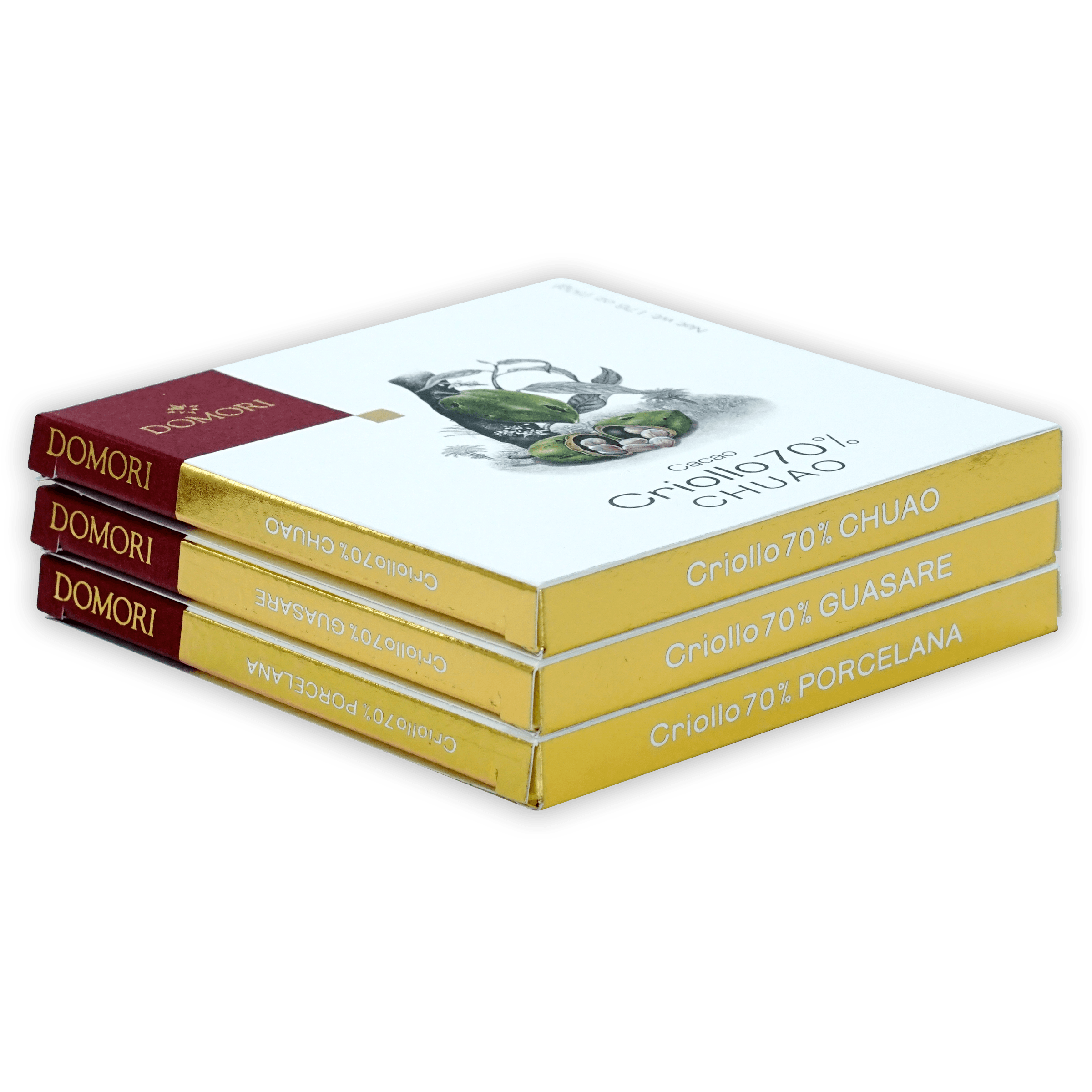 Domori Criollo 70% dark chocolate bundle of 3 bars in white gold packaging