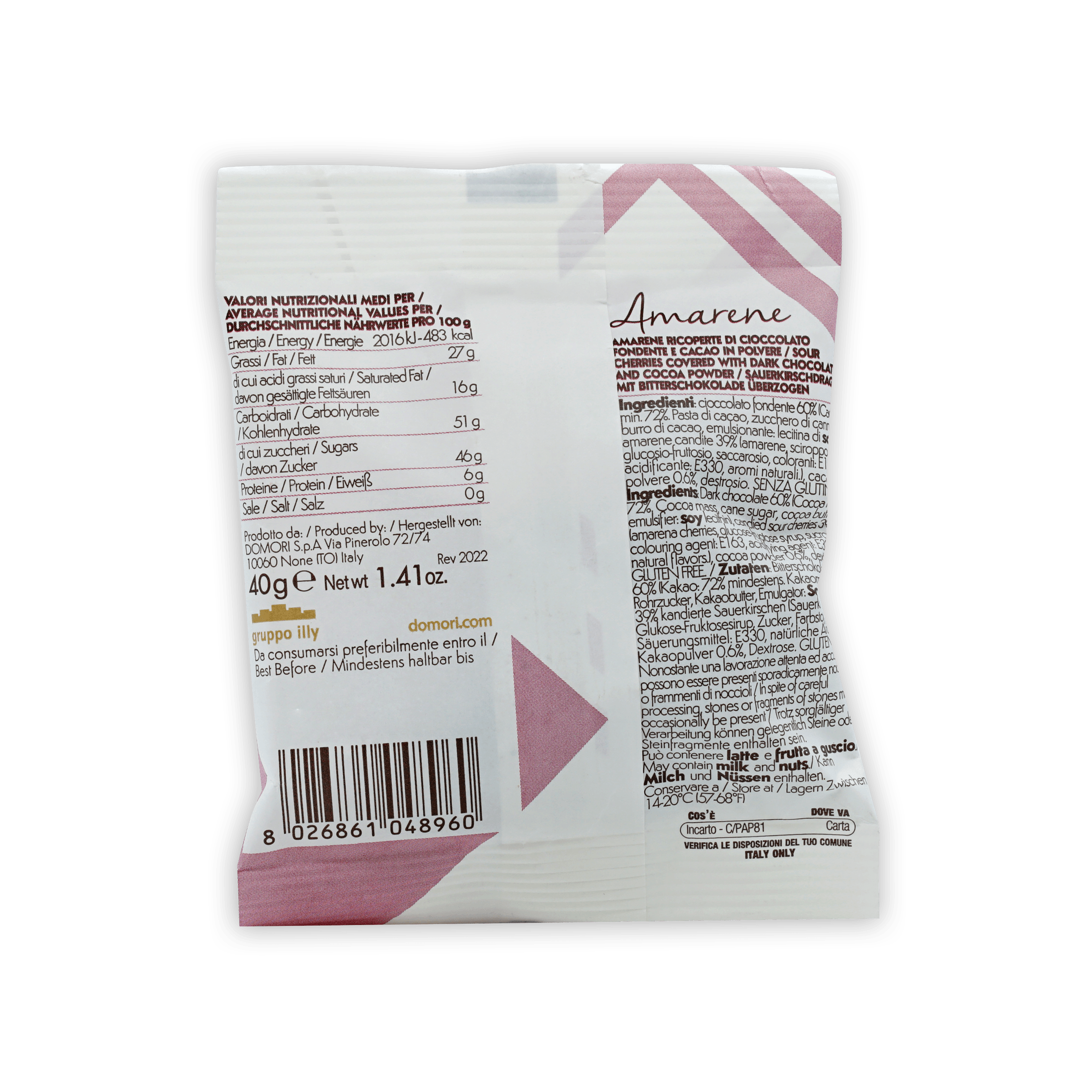 Domori Dragees guppa lily amarene white pink foil chocolate bar