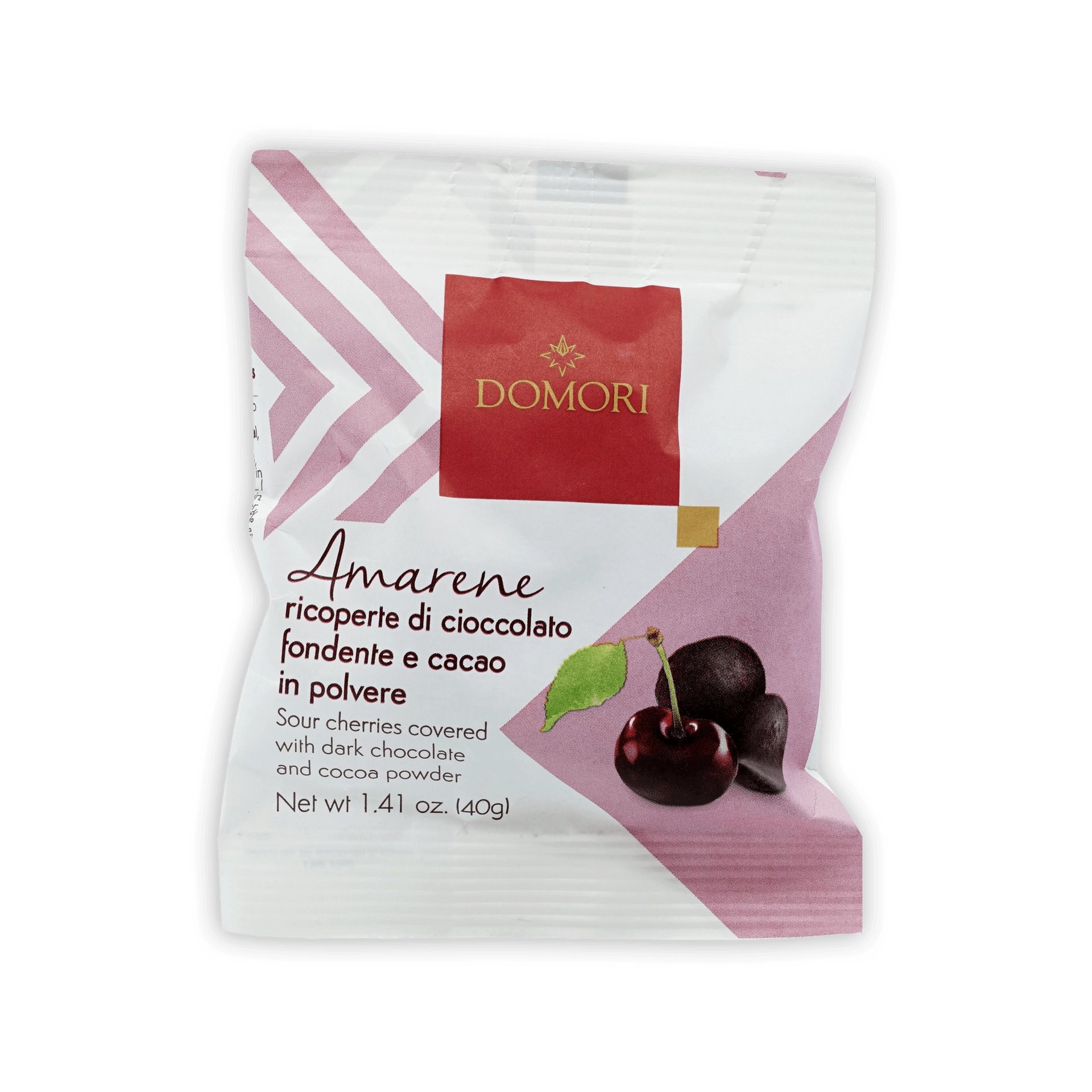Domori Dragees Chocolate Covered Cherries: pink white bag of sour cherries in dark chocolate cocoa powder