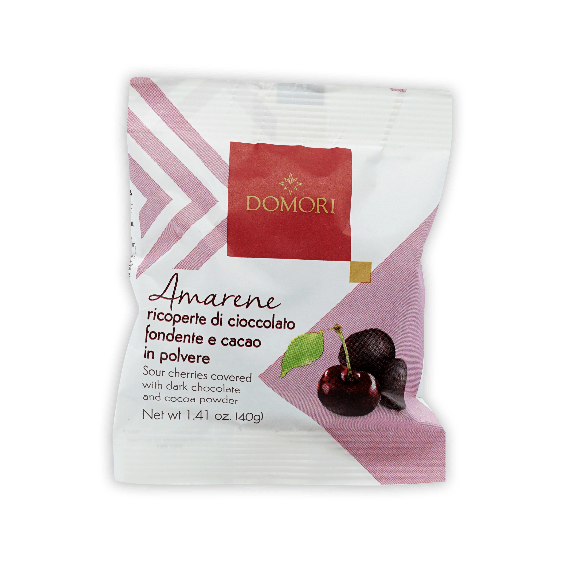 Domori Dragees Chocolate Covered Cherries: pink white bag of sour cherries in dark chocolate cocoa powder