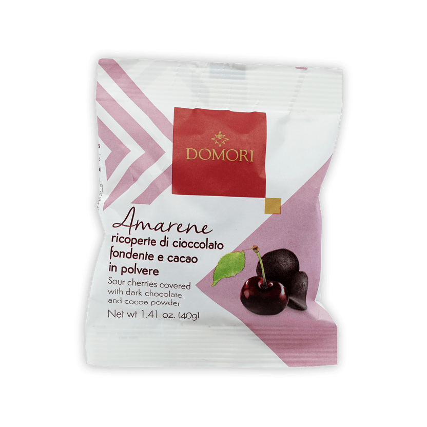 Domori Dragees Chocolate Covered Cherries: pink white bag of sour cherries in dark chocolate cocoa powder