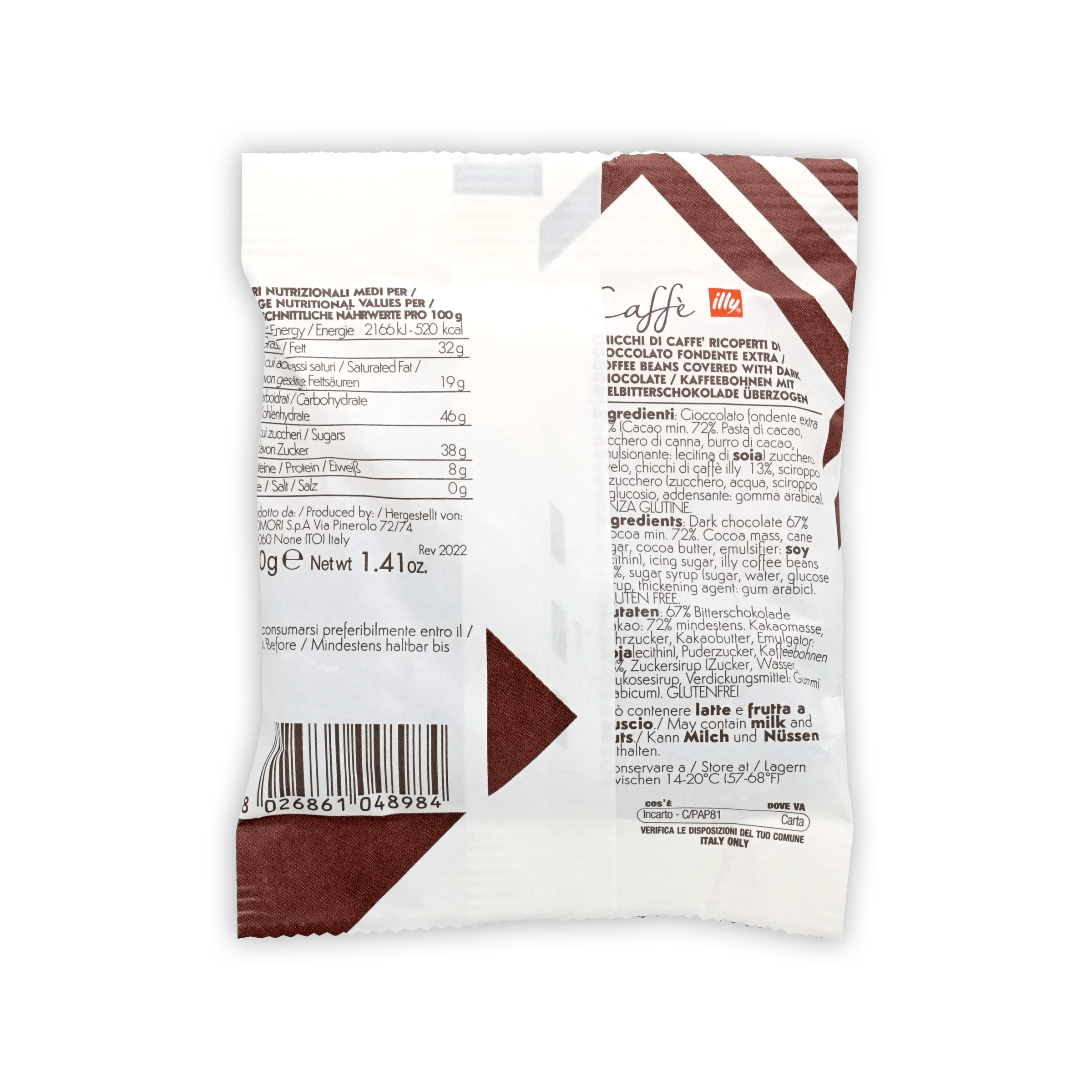 Illy white and brown striped package of Domori Dragees chocolate-covered coffee beans