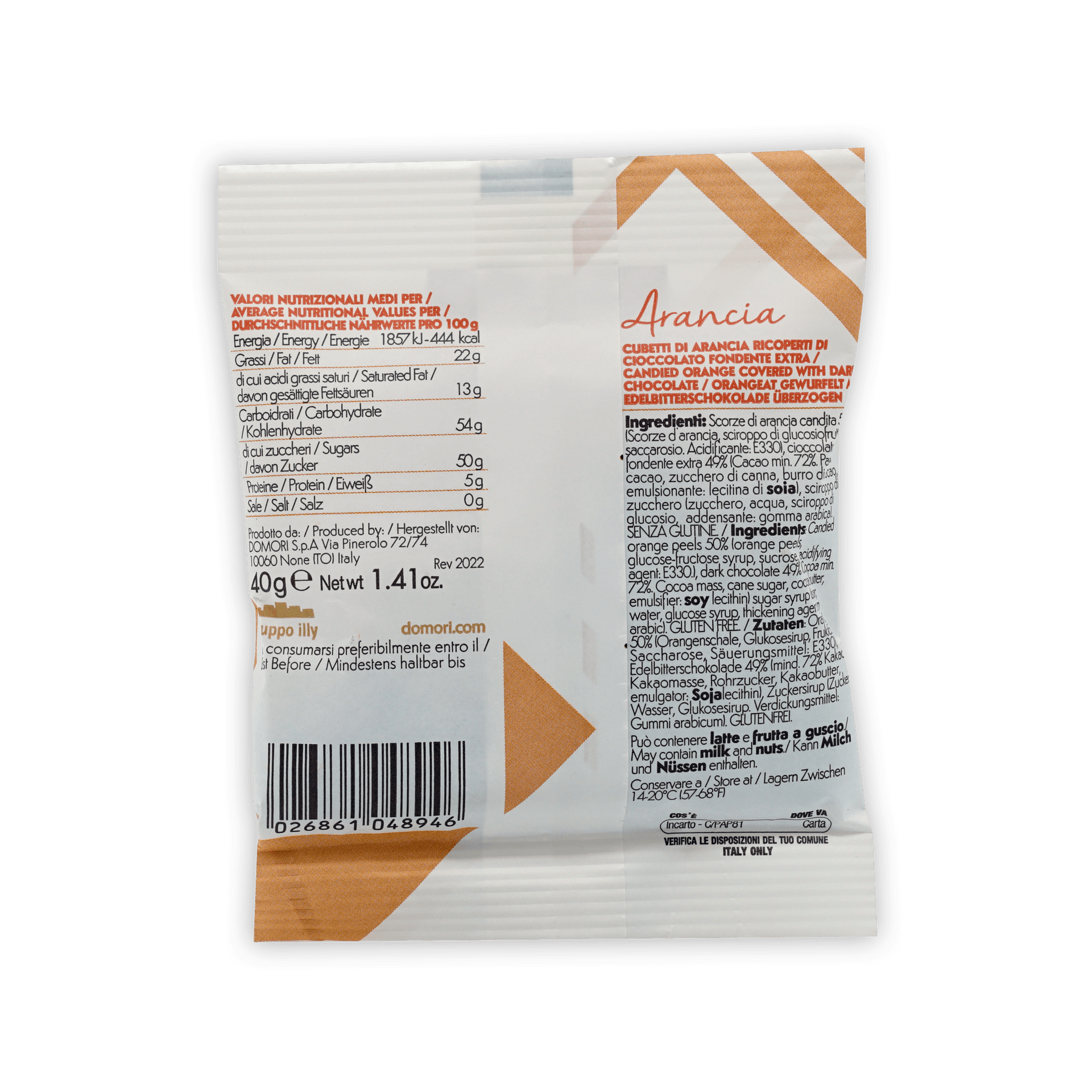 Domori Dragees chocolate covered orange candy in orange white package