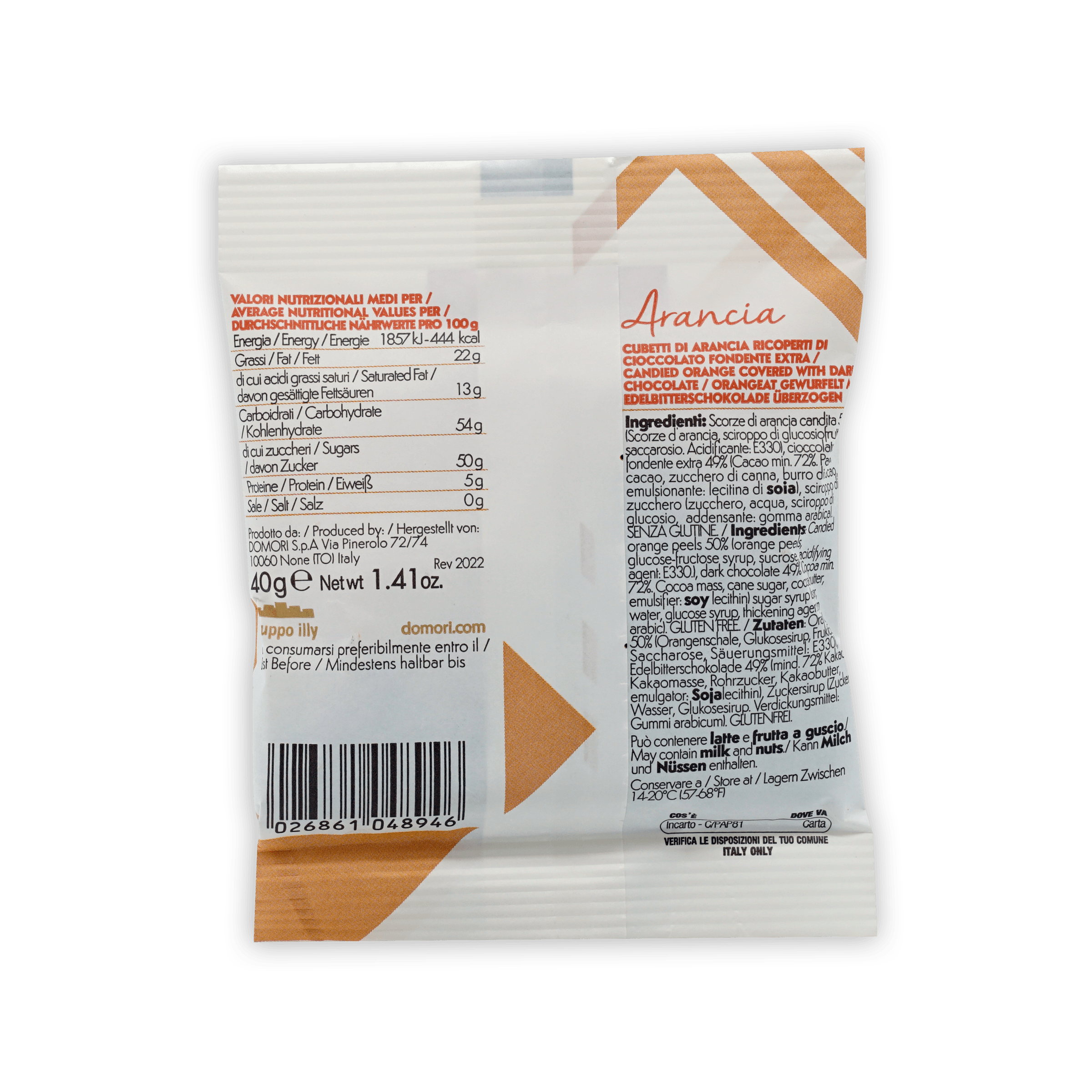 Domori Dragees chocolate covered orange candy in orange white package